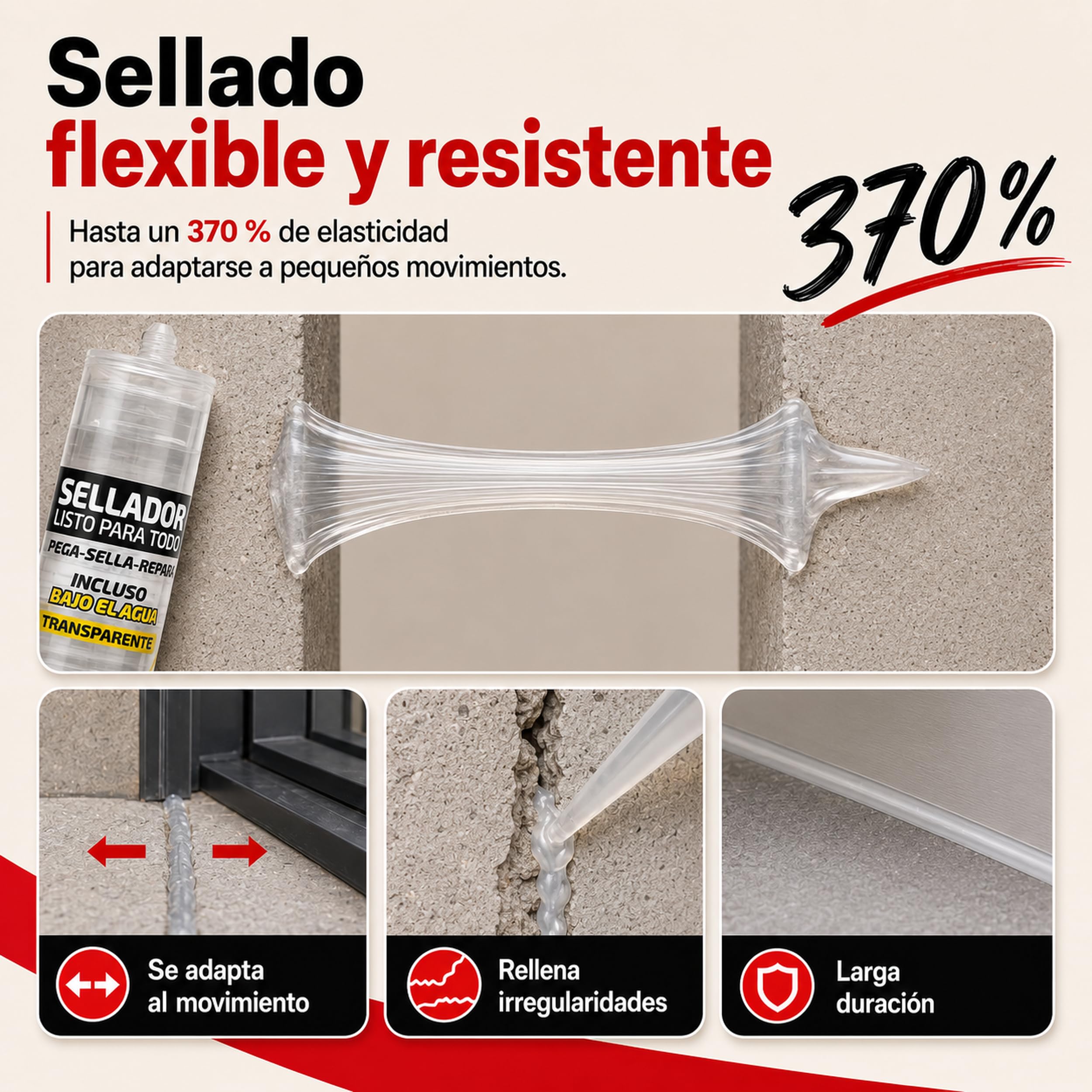 Sellador Multiusos Transparente 280 ml, Adhesivo Impermeable y Flexible para Juntas, Grietas y Reparaciones, Cerámica, Madera, Mármol y Cristal, Interior y Exterior, Pack de 12