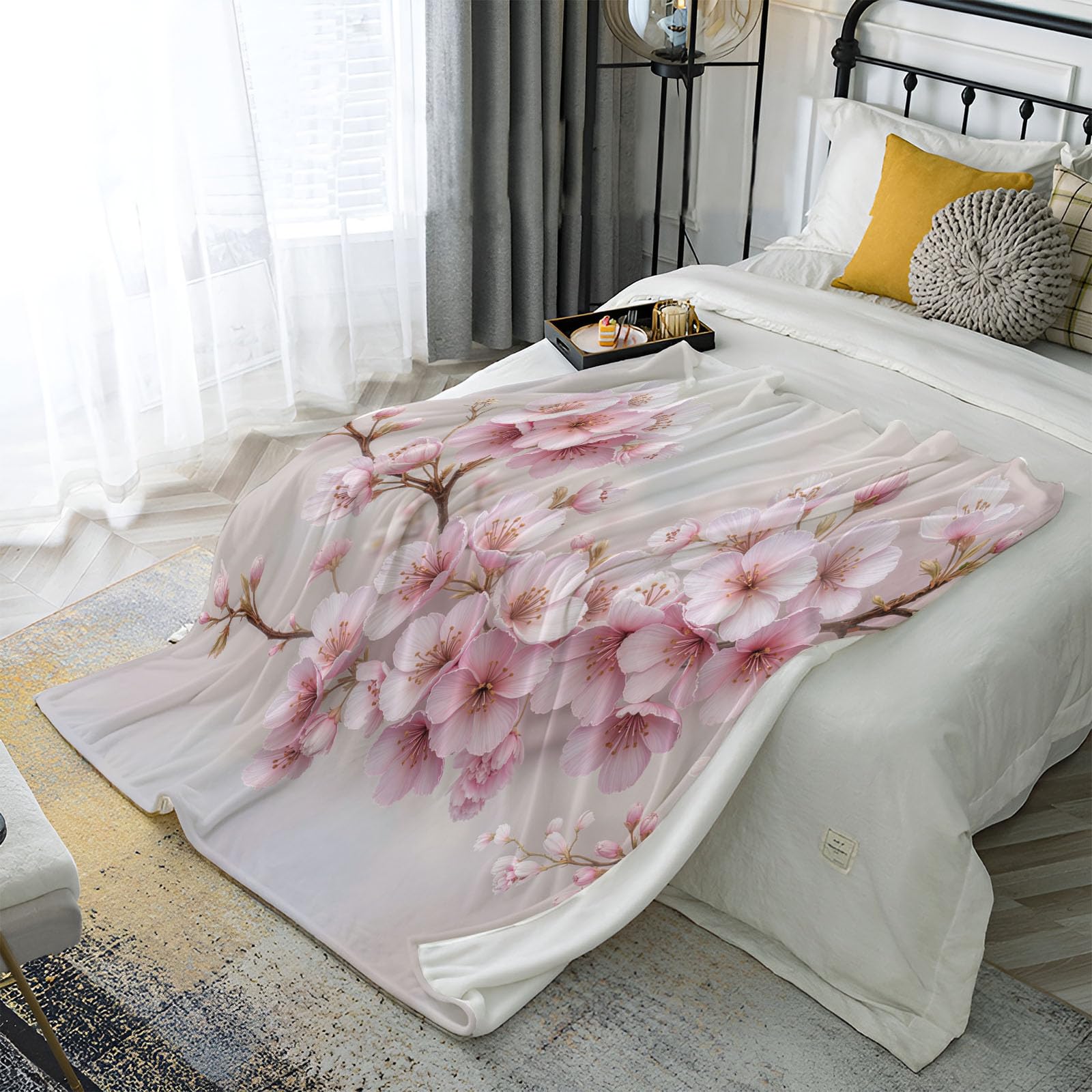 Manta Franela para Cama, Manta para Sofá 150x200cm, Suaves esponjosa Microfibra Blanket, Acuarela Flores De Cerezo Estampado Mantas Calentitas para Niños y Adultos, Rosa Claro