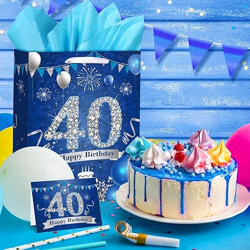 Miniatura 2 de Bolsa de regalo de cumpleaños de 40 años, color azul marino y plateado, bolsa de regalo de 40 cumpleaños con papel de seda y tarjeta, bolsa azul