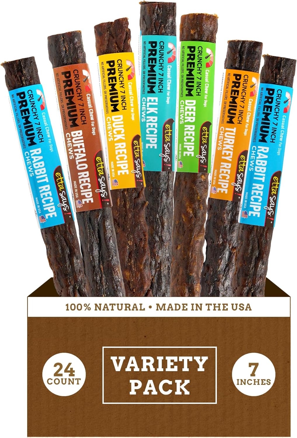 etta says! Premium Crunchy Dog Chews 7” Variety Pack – Grain-Free Dog Treats, Good for Teeth, Easy to Digest – Made in The USA (24 Count Pack of 1)