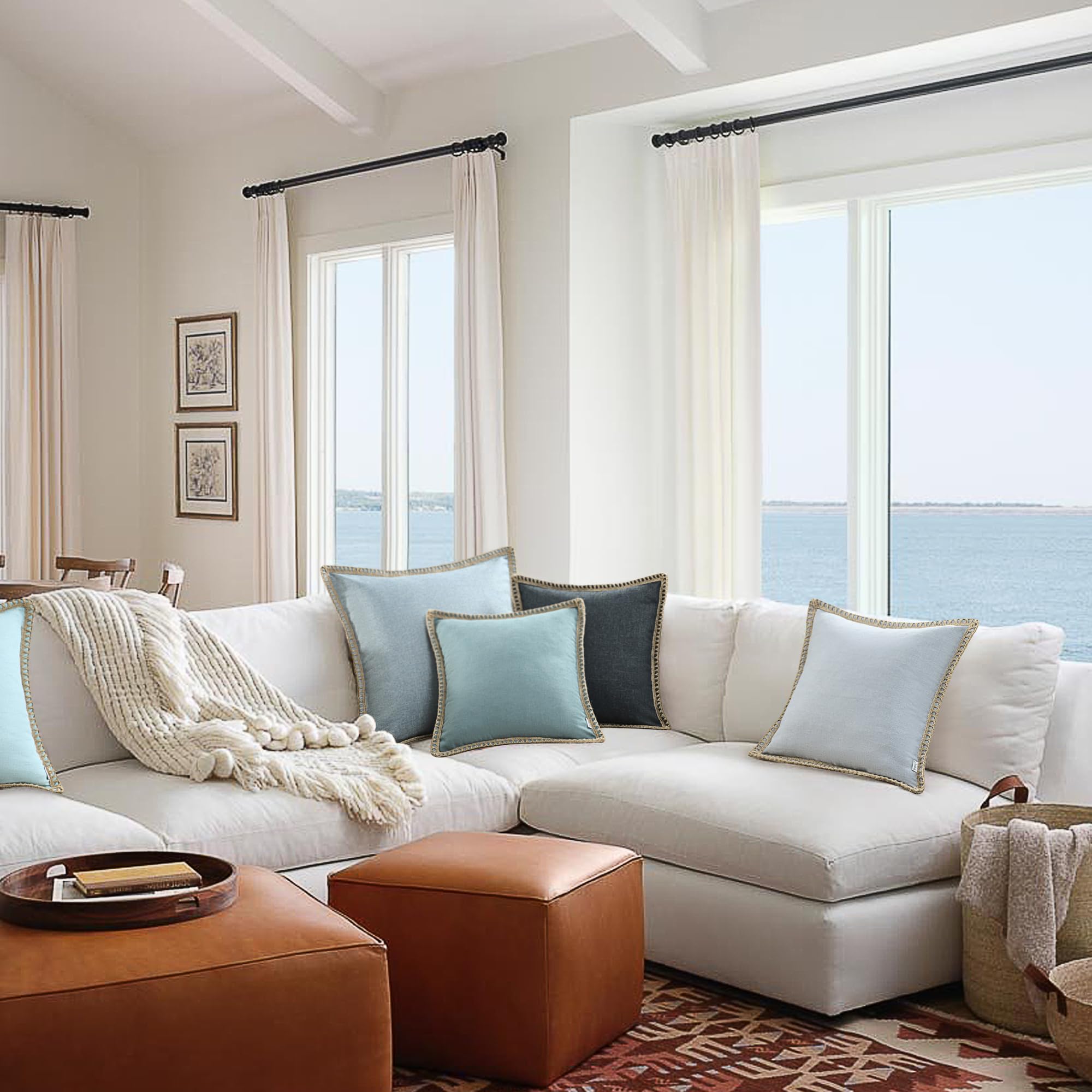 Housse De Coussin Turquoise 45x45cm - Toile De Jute Et Lin Pour Déco Extérieur