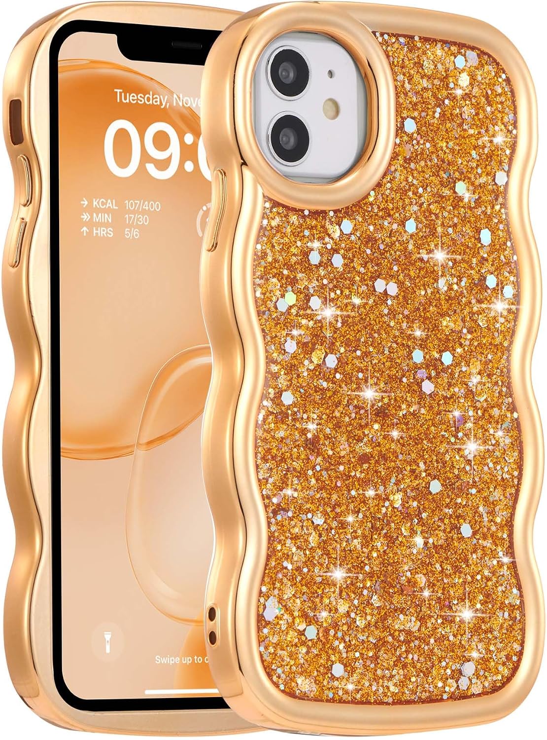 FABSPARK Wavy Case for iPhone 12/12 Pro,Shiny Glitter Rhinestone,Golden