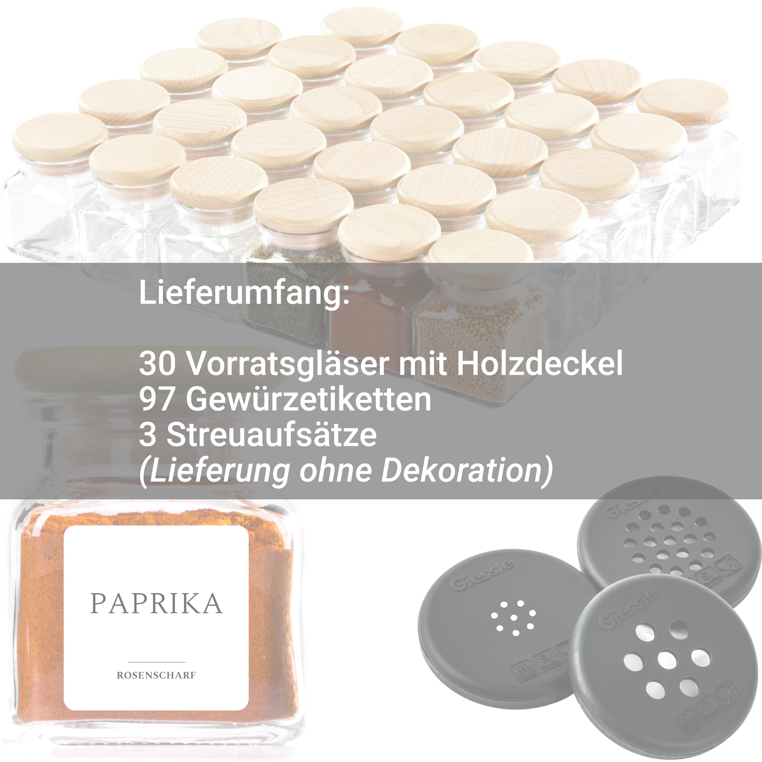 30x kleine Gewürzgläser 7,5cm hoch mit Deckel aus Holz - Glas Set | Gewürzgläschen und Gewürzdosen klein aus Glas - platzsparend für Gewürze und Kräuter in Küche und Regal