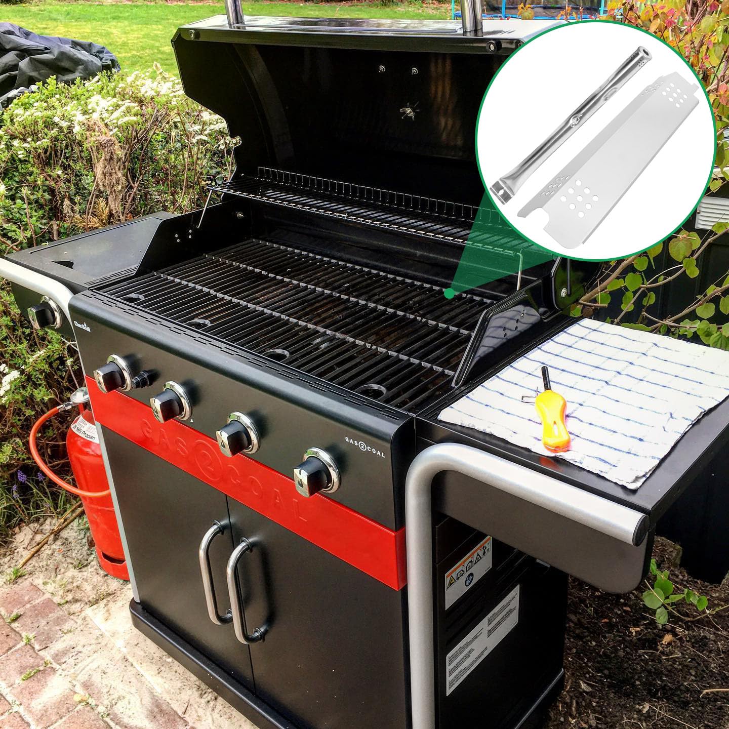 WELL GRILL Parti di ricambio per griglie ibride CharBroil a 3 bruciatori Gas2Coal, piastre riscaldanti, barre aromatizzanti e bruciatori per barbecue e kit di accessori per tubi crossover, in acciaio