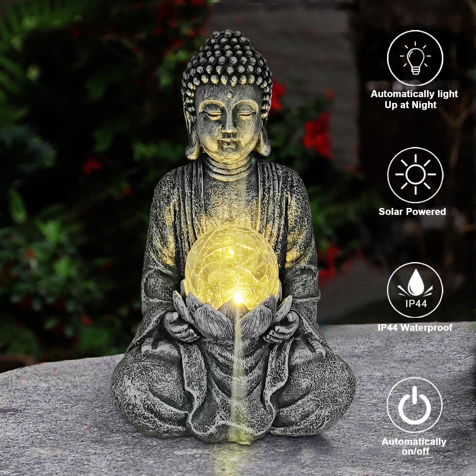 Yeomoo Statuetta di Buddha da meditazione, decorazione da giardino per esterni – Zen Buddha, grande con lampada solare, sfera di vetro, statuette regalo per mamma/donne, decorazione giapponese per