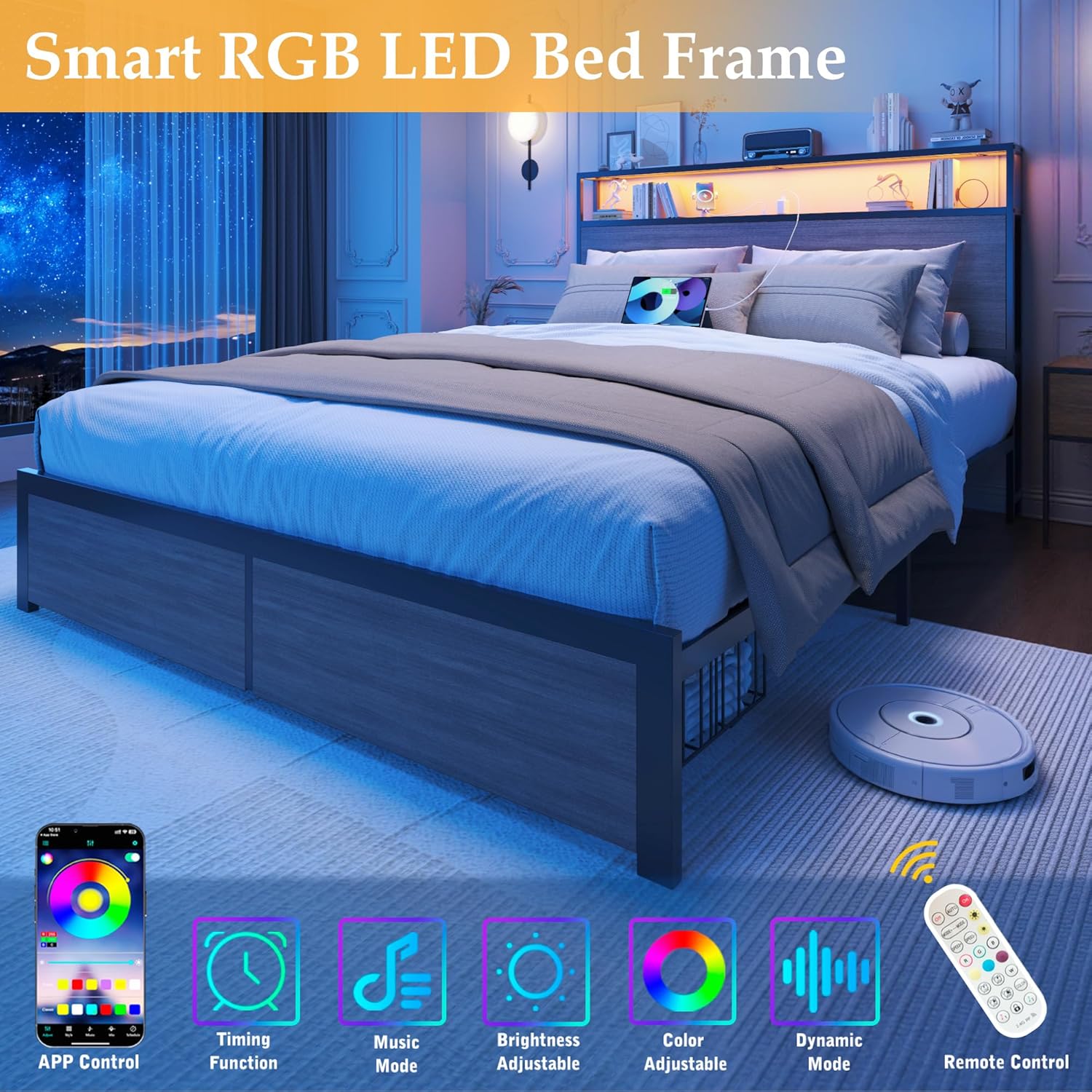 Lifezone Smart RGB LED Bed Frame with remote and app control