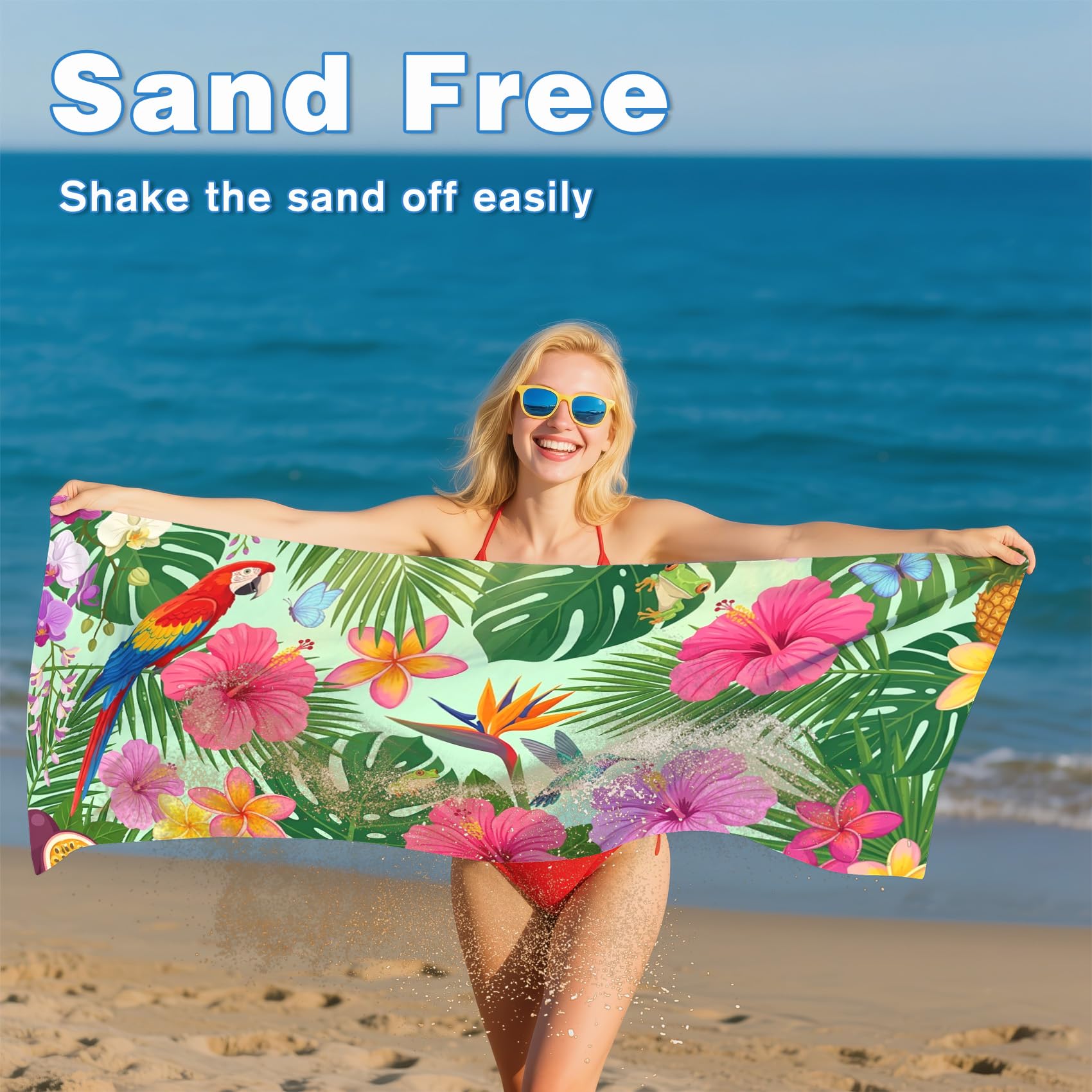 Serviette de Plage XXL Microfibre Feuilles Tropicales Hibiscus Perroquet, Drap de Plage Séchage Rapide Anti Sable & Légère, Serviette de Bain Grande Taille 100x200 cm, Accessoire