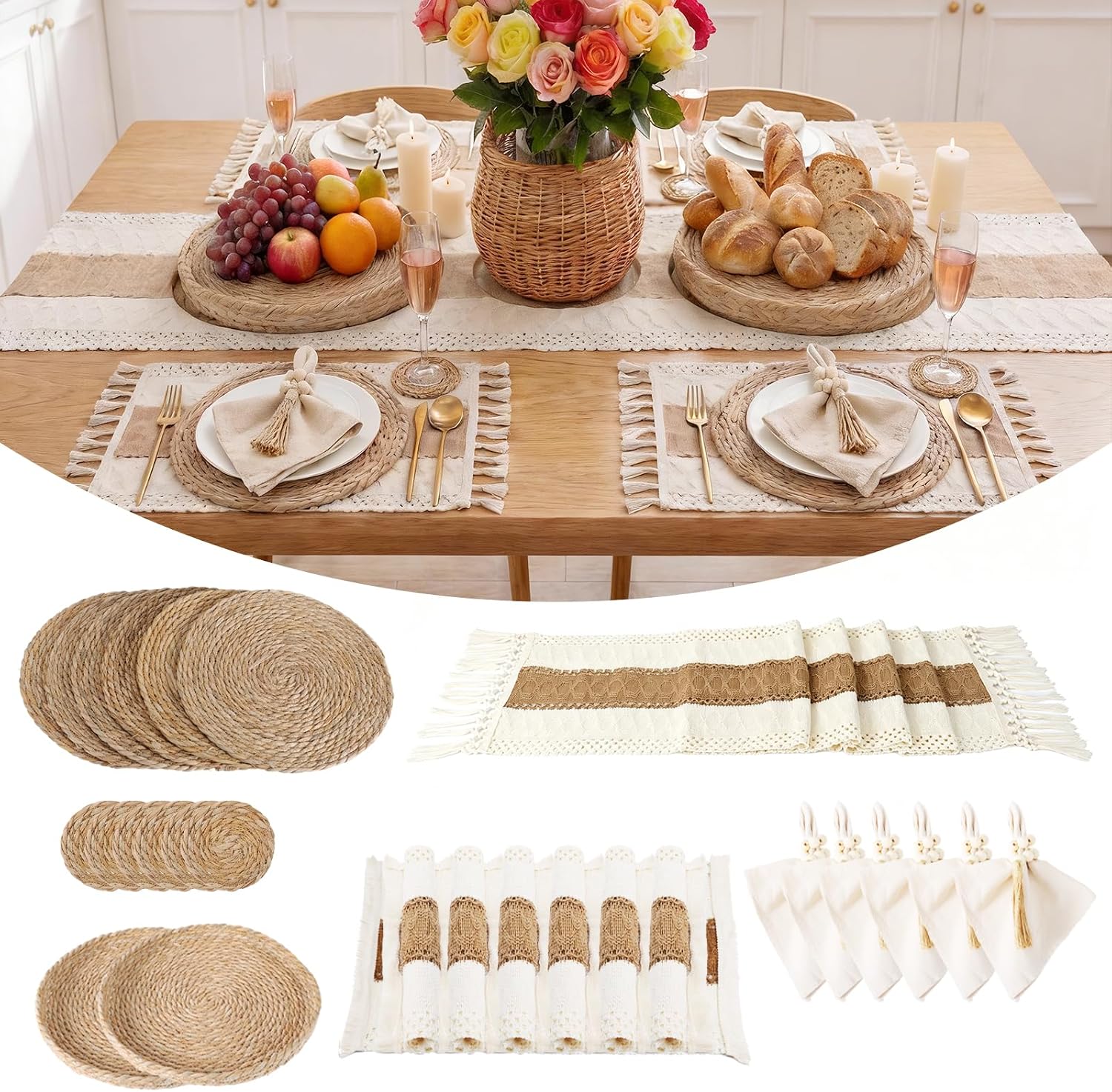 6 Set Boho Table Placemats, Natural Cotton Burlap Woven Mats with Tassels & Bead Napkin Rings, Farmhouse Macrame Table Decor for Autumn Dining, Wedding & Home Use