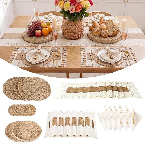 6 Set Boho Table Placemats, Natural Cotton Burlap Woven Mats