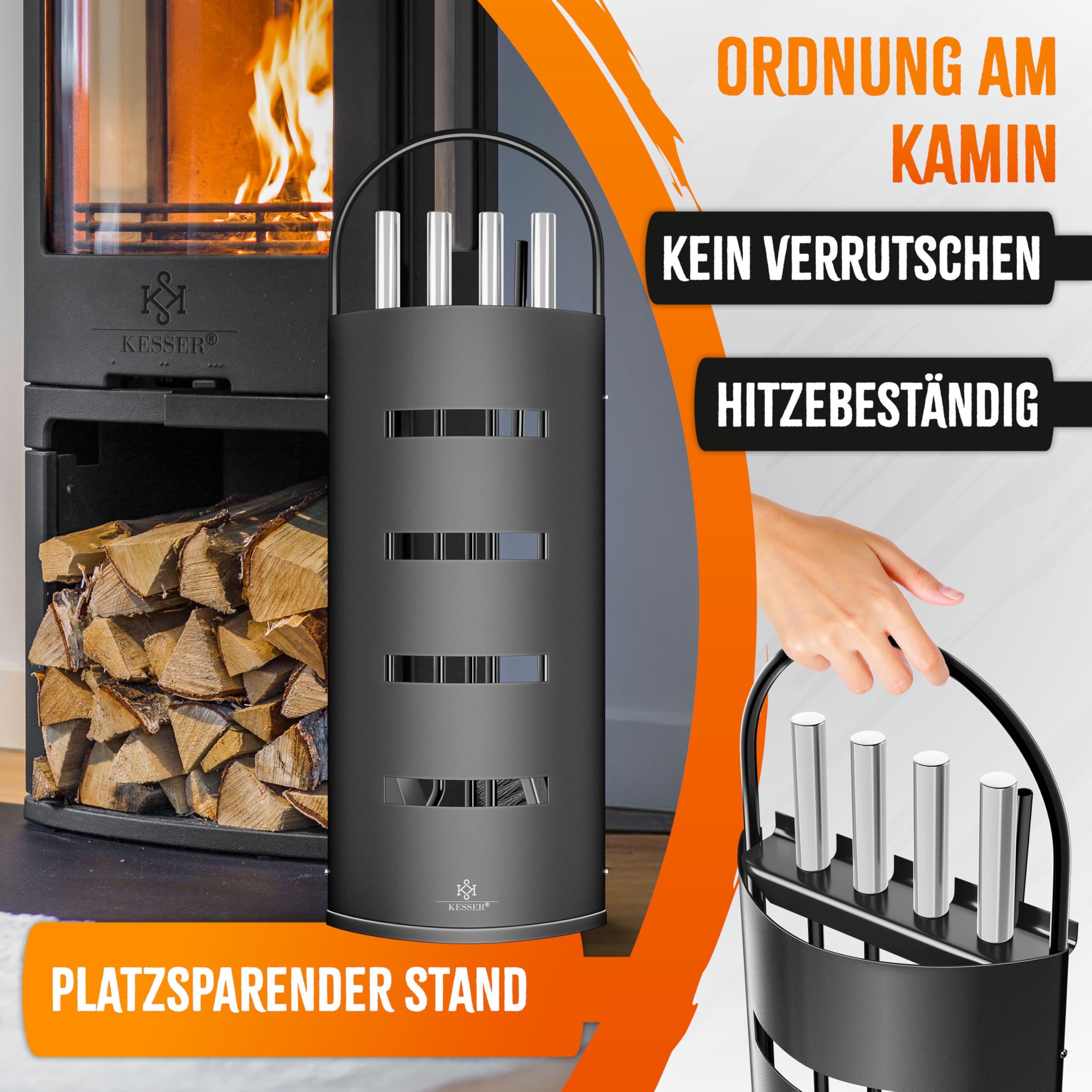 KESSER® Accessori per camino Kit caminetto da 5 pezzi - design moderno, rivestito, Set per caminetto 5 pezzi: scopino, paletta, attizzatoio, pinza, supporto porta-attrezzi, Nero