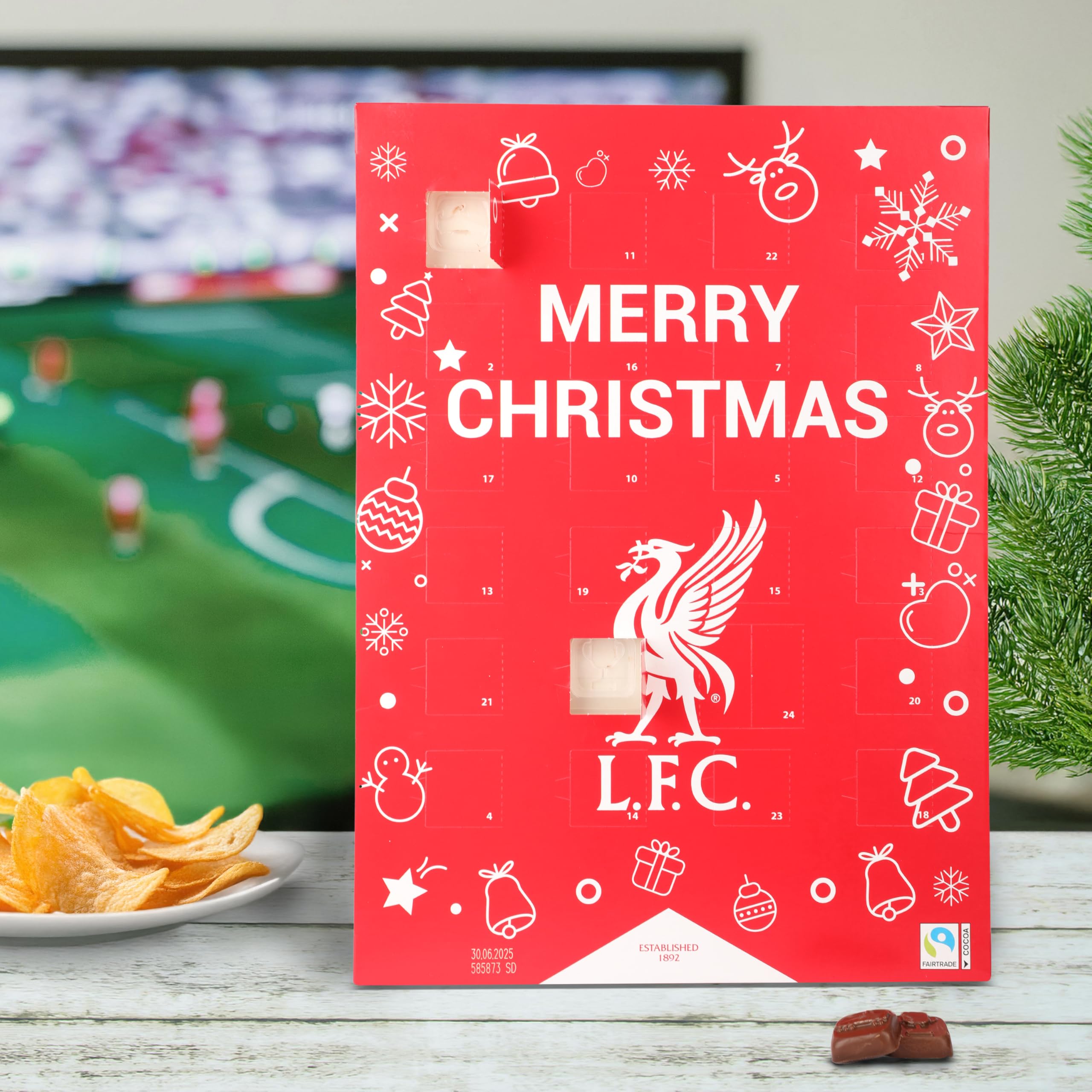 Gunz Liverpool FC Calendrier de l'Avent au motif de football Fairtrade Chocolat – Calendrier de Noël avec 24 surprises au chocolat (120 g) + carte postale à l'arrière – Cadeau de l'Avent pour les
