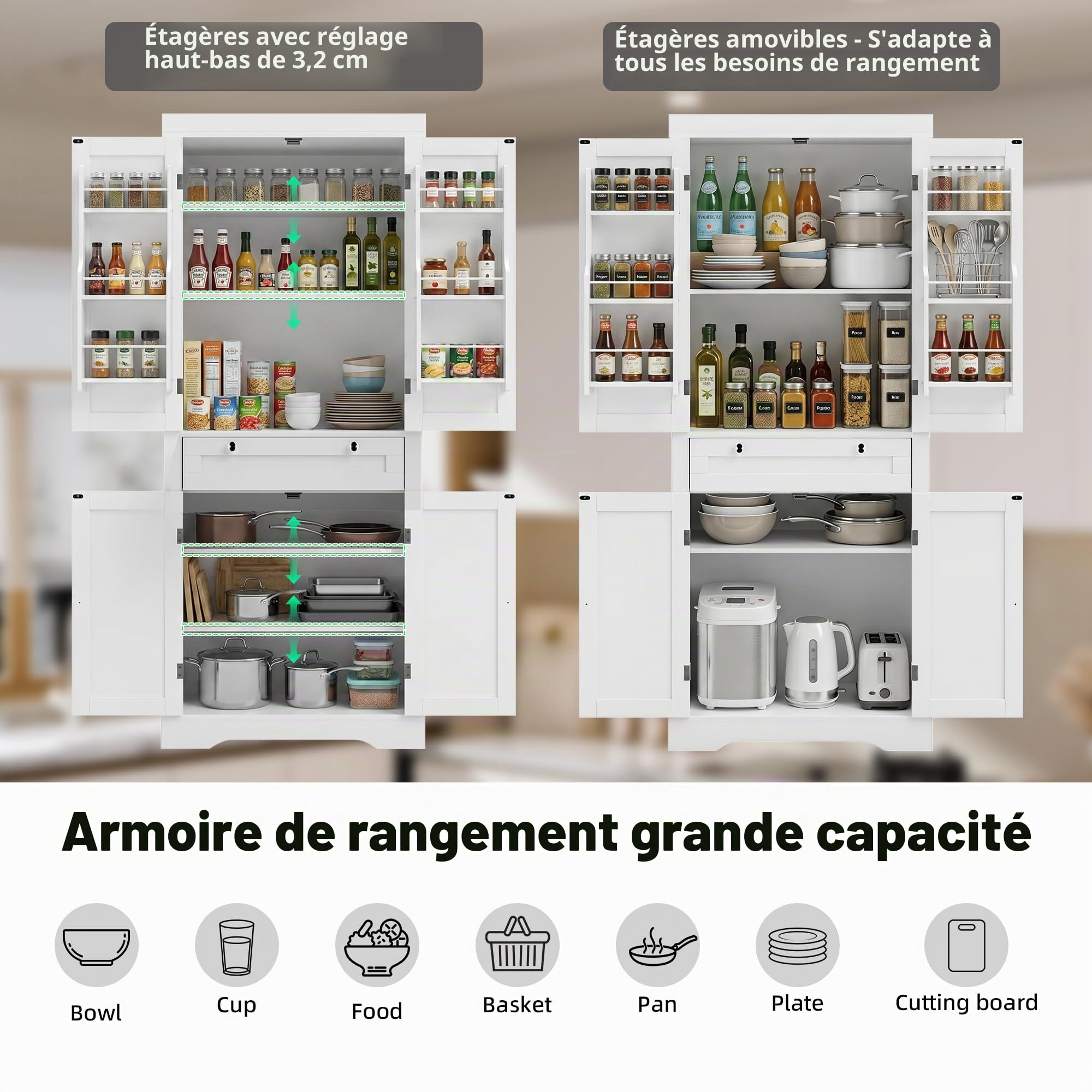 Meuble Cuisine, Buffet Haut Cuisine, Meuble Rangement avec 1 Tiroir et 4 Portes, Garde-Manger Moderne 76x40x182 cm – Panneau de Particules + MDF, pour Cuisine, Salle à Manger ou Salon, Blanc