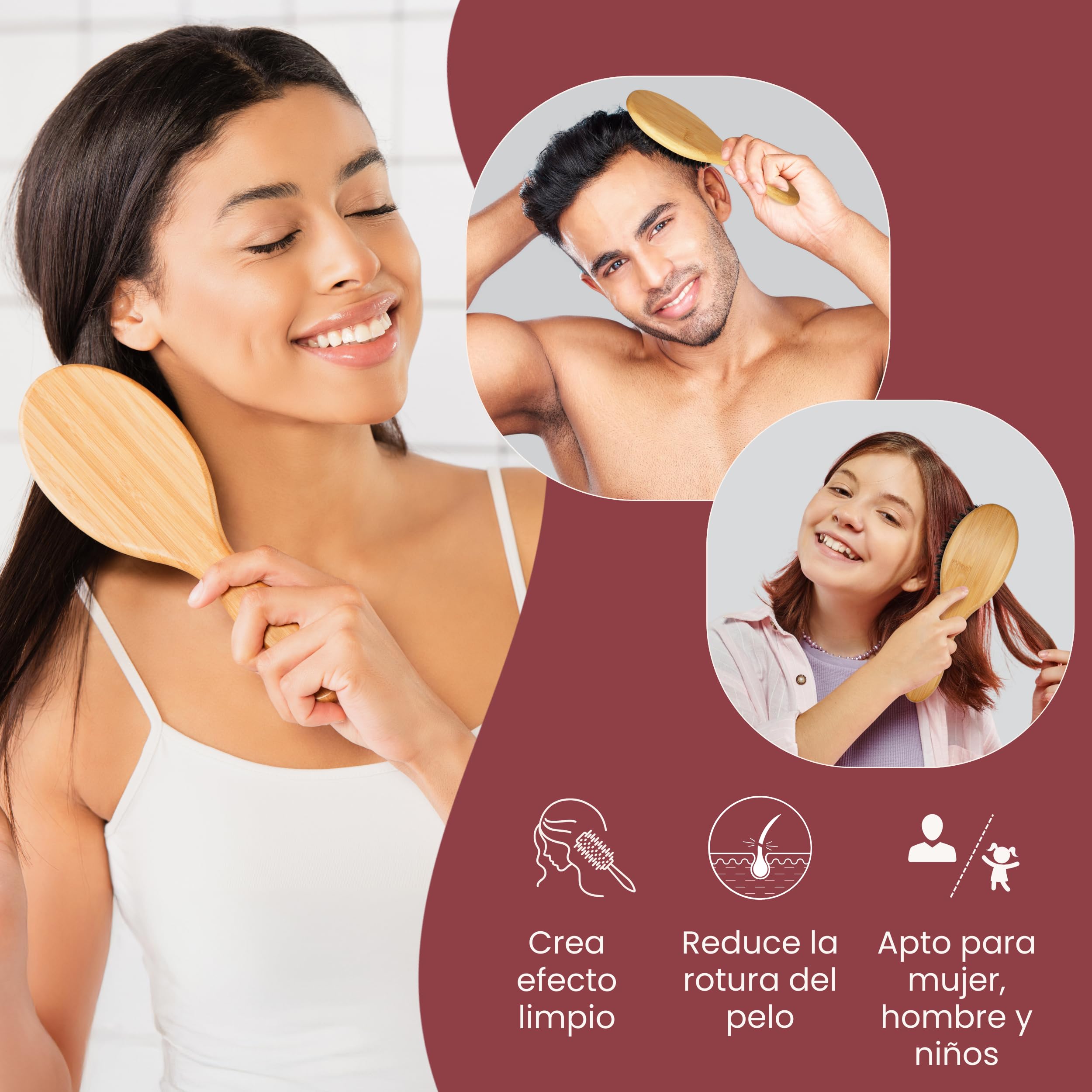 Cepillo de Cerdas de Jabali Largas Naturales para Cabello Normal y Fino. Cepillo Pelo Antirotura, Alisador, Clean Look, Cepillo Cerdas Naturales para Mujer, Hombre y Niños. Peine Jabalí