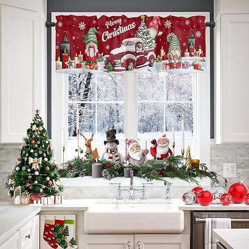 Miniatura 2 de Cenefas de cortina de ventana de árbol de Navidad con diseño de gnomos de camión, diseño de copos de nieve de invierno, cenefas de cocina con