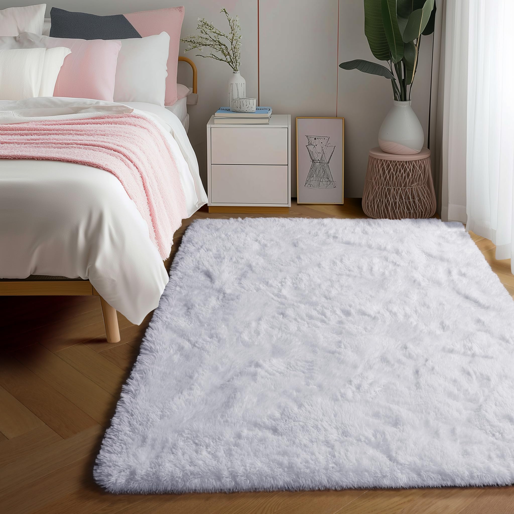 PAGISOFE Soft Comfy White Area Rugs for Bedroom Boys Living Room Fluffy Shag Furry Carpet for Kids Room Soft Shaggy Bedside Cream Rug, Plush Office Rugs Indoor Floor Rugs 4' x 6', Nursery