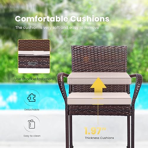 Miniatura 7 de VIVOHOME Paquete de 4 taburetes de mimbre para exteriores, muebles de ratán con reposabrazos y cojines, color marrón