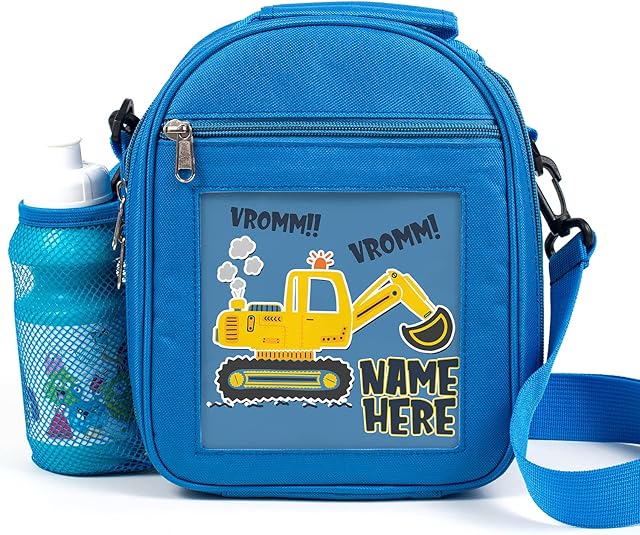 KRAFTYGIFTS Personalised Kids Lunch Bag Digger Builder Truck Thermal Insulated Boys Cooler Bag with Side Mesh Pocket School Travel Lunchie KS247