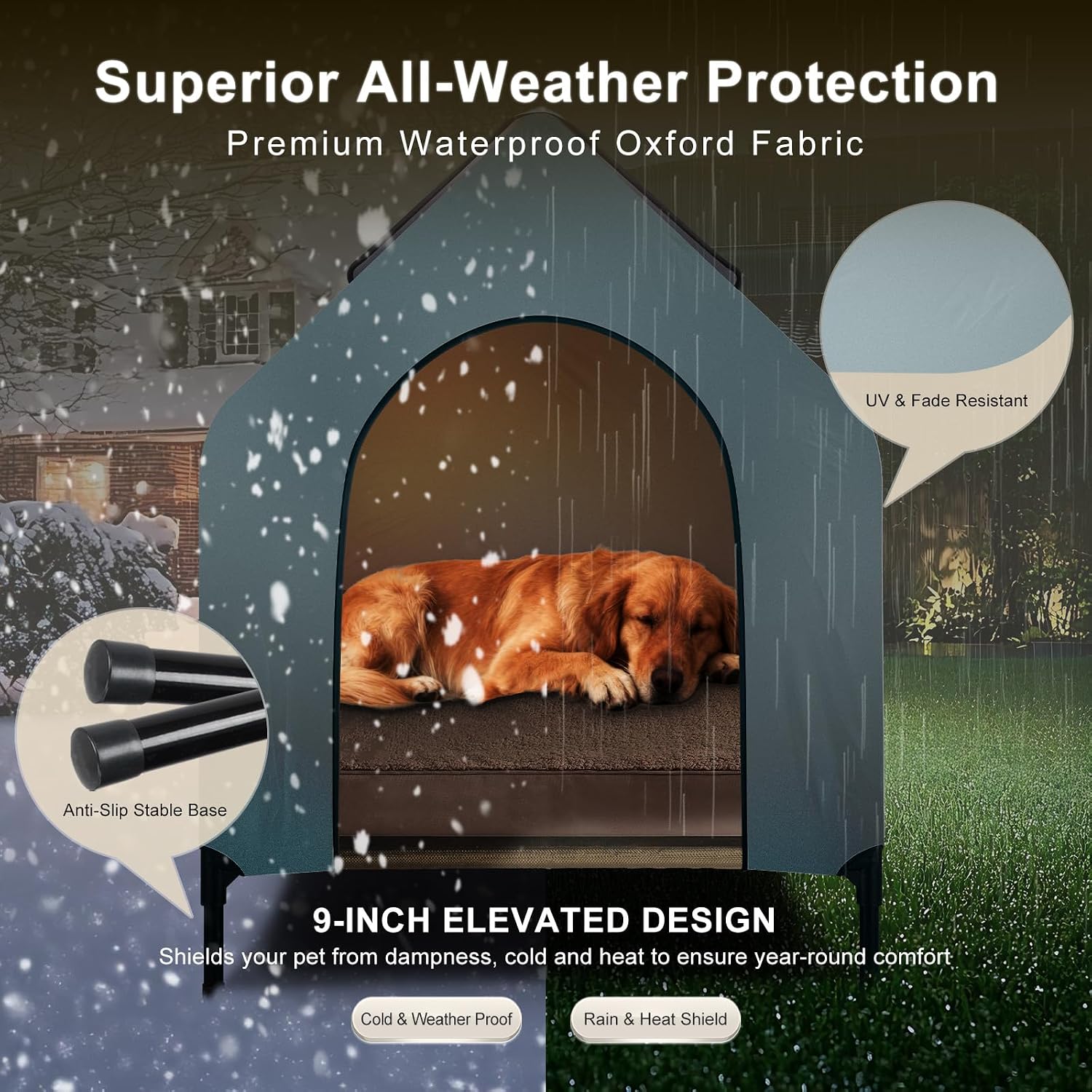 49" Elevated Dog House for Large Dogs, Outdoor Dog Shelter with Removable Roof, Raised Cooling Dog Bed with Canopy, Breathable Mesh Dog House for Indoor Outdoor Use