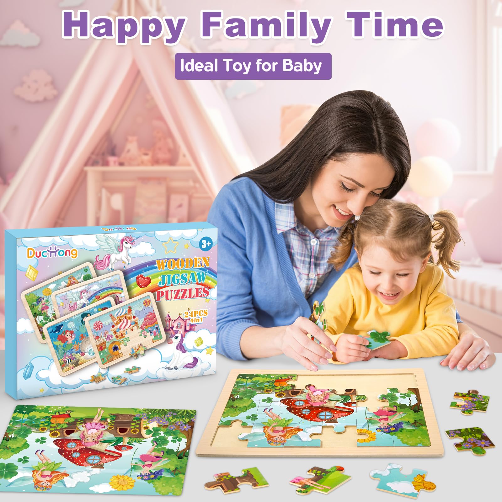 Einhorn und Meerjungfrau Holzpuzzle Feen für Kinder von 4-6 Jahren, 4 Packungen Reisepuzzle für Kinder von 2-4 Jahren, Vorschule Lernaktivitäten, Spielzeug für Kinder von 2-4 Jahren