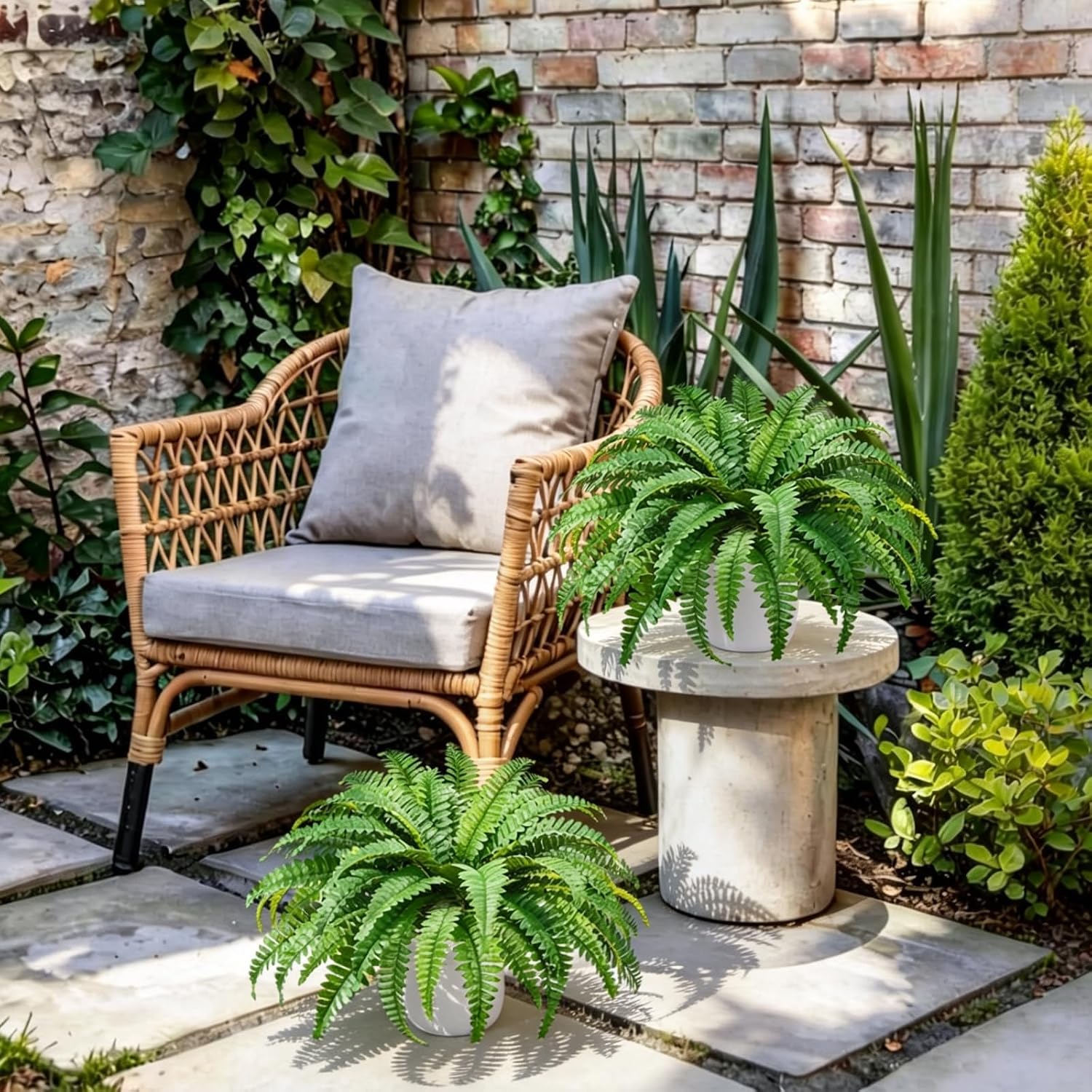 2Pack Artificial Boston Fern Fake Hanging Ferns Plants 23.6'' UV Resistant Faux Ferns in Pots 50 Leaves Artificial Fern Hanging Baskets Faux Potted Plant for Outside Porch Patio Home Garden Decor
