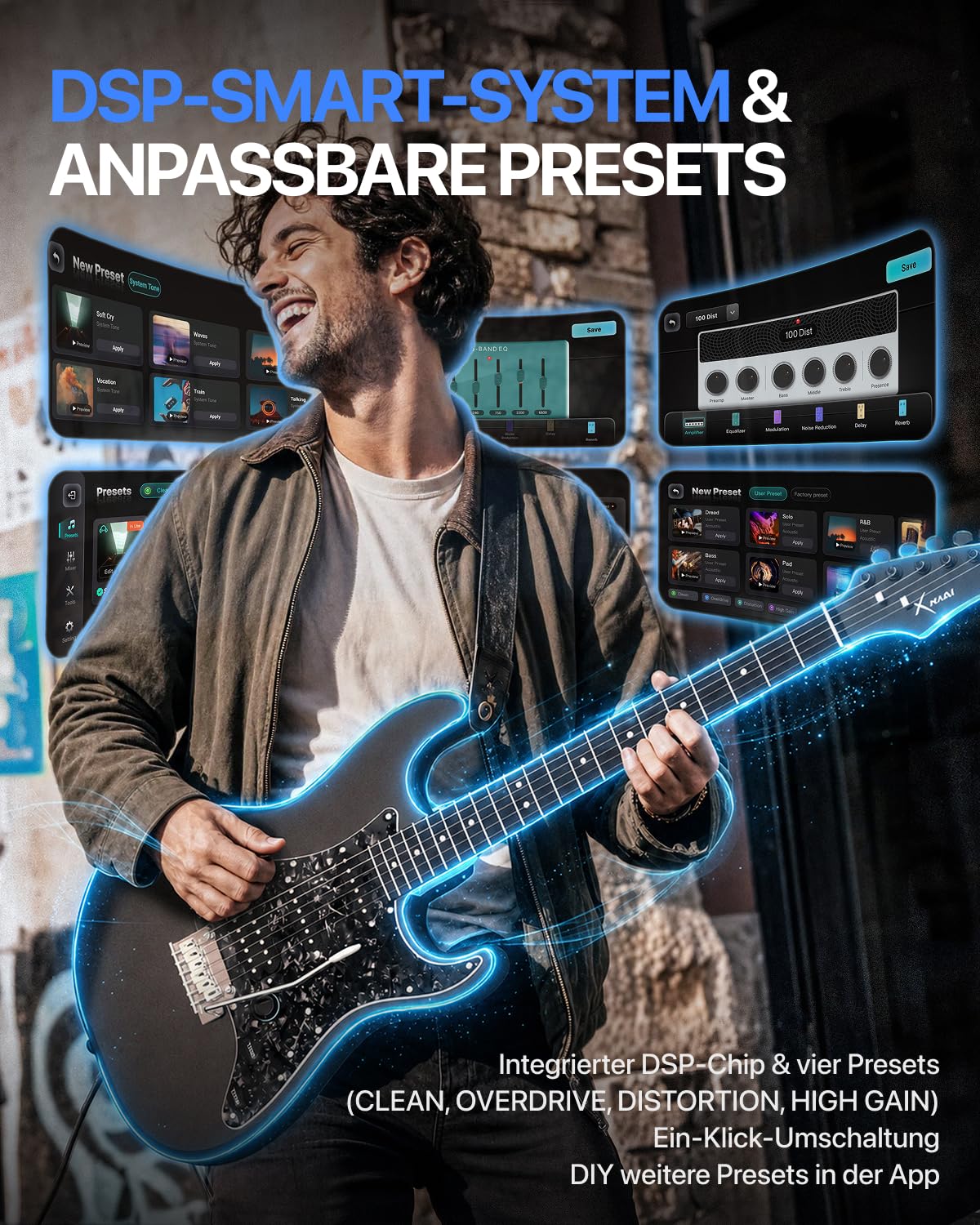 ENYA XMARI Smarte E-Gitarre set mit Verstärker, integrierten Effekten | Kohlefaser-Korpus, USB-C-Aufnahme, Kopfhörerausgang, 39-Zoll-Komplettset mit Gigbag, App-Steuerung – ideal für leises Üben.