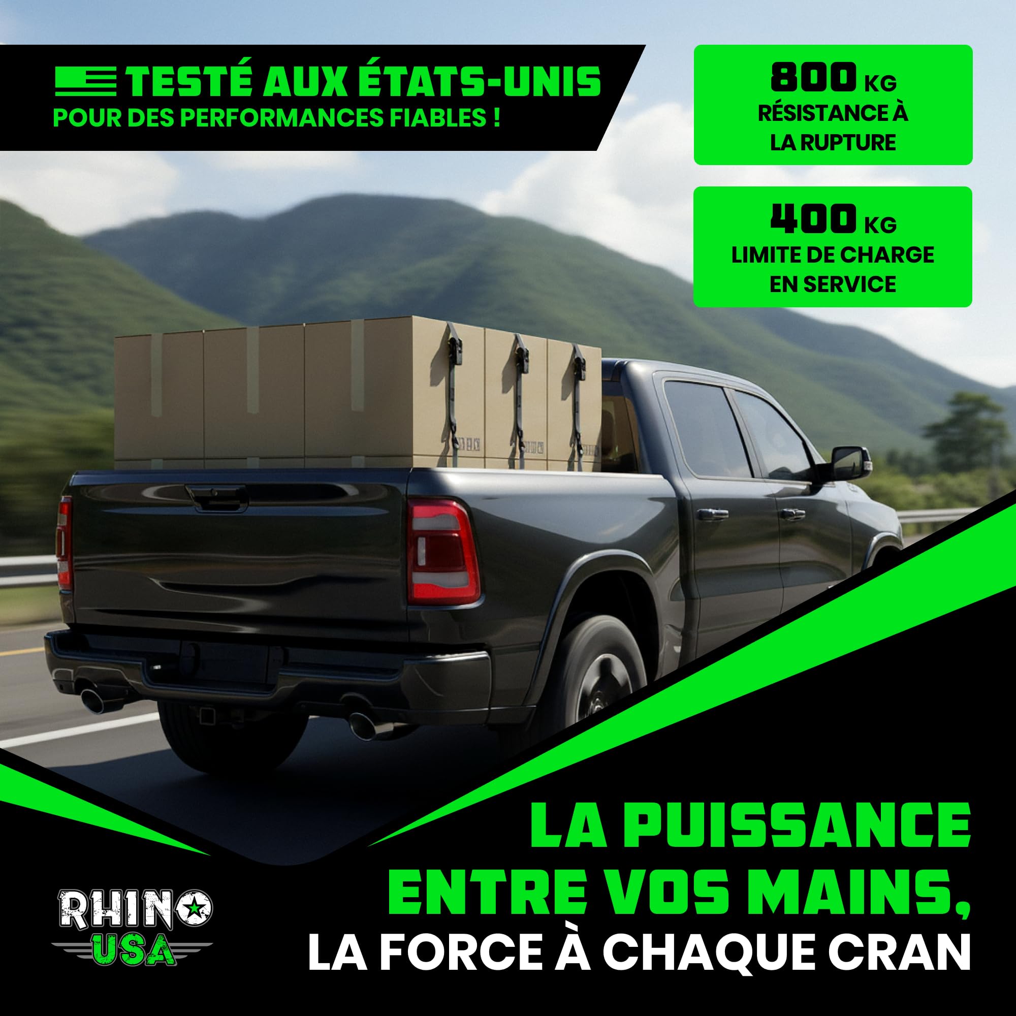 Sangles à Cliquet Rhino USA (4-Pack) - 2.5 cm x 4.6 m (800 kg Résistance à la Rupture) - Crochets en S Sécurisés - Sangles Premium pour Camions, Cargos, Déménagements, Électroménagers - Noir