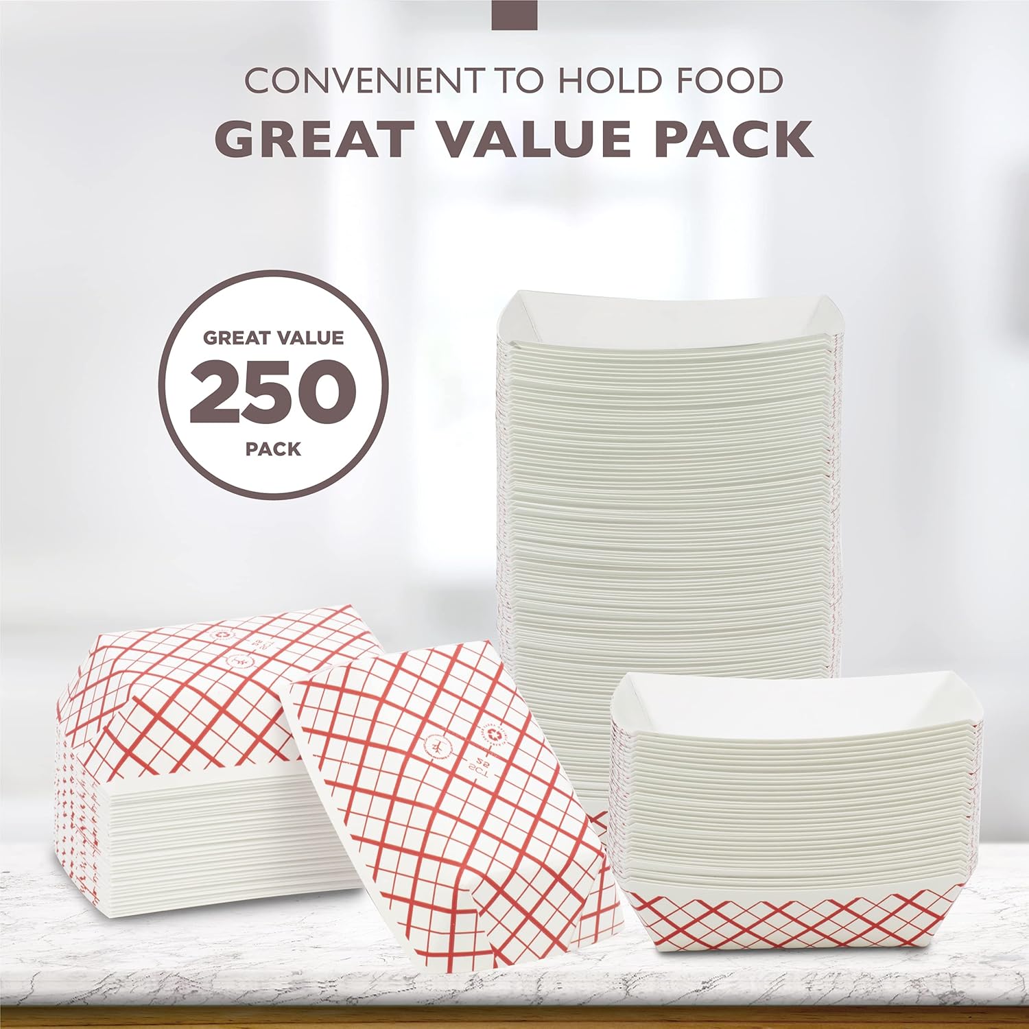 Exclusive [250 Pack] 0.5 lb Heavy Duty Disposable Red Check Paper Food Trays Grease Resistant Fast Food Paperboard Boat Basket for Parties Fairs Picnics Carnivals, Holds Tacos Nachos Fries Hot Corn Dogs