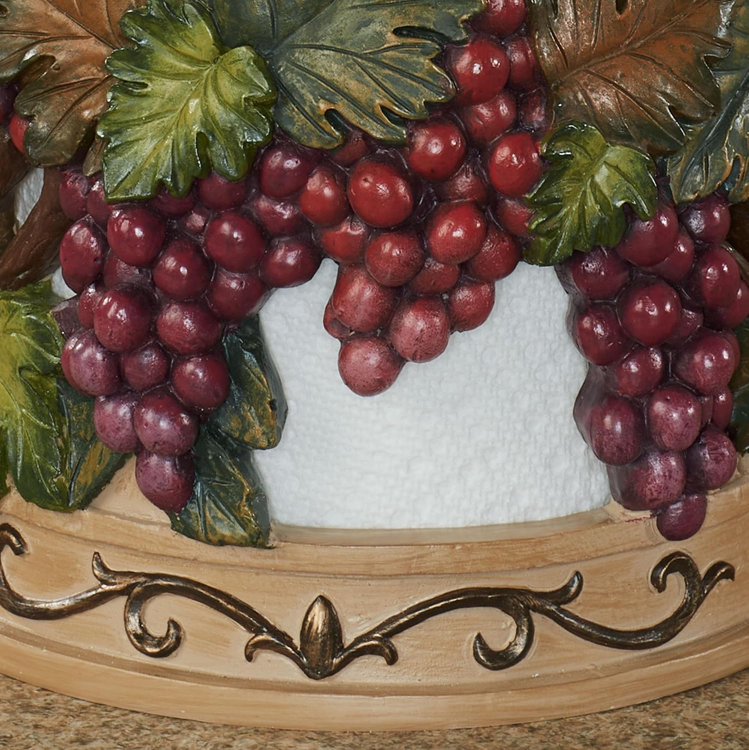 Classic Grape Arbor Paper Towel Holder | Handpainted Realistic Earth Tones | Dimensional Plump Grapes, Grapevines, Leaves, Scrolls & Fleur-de-Lis | Old World Themed Kitchen Countertop Towel Roll Stand