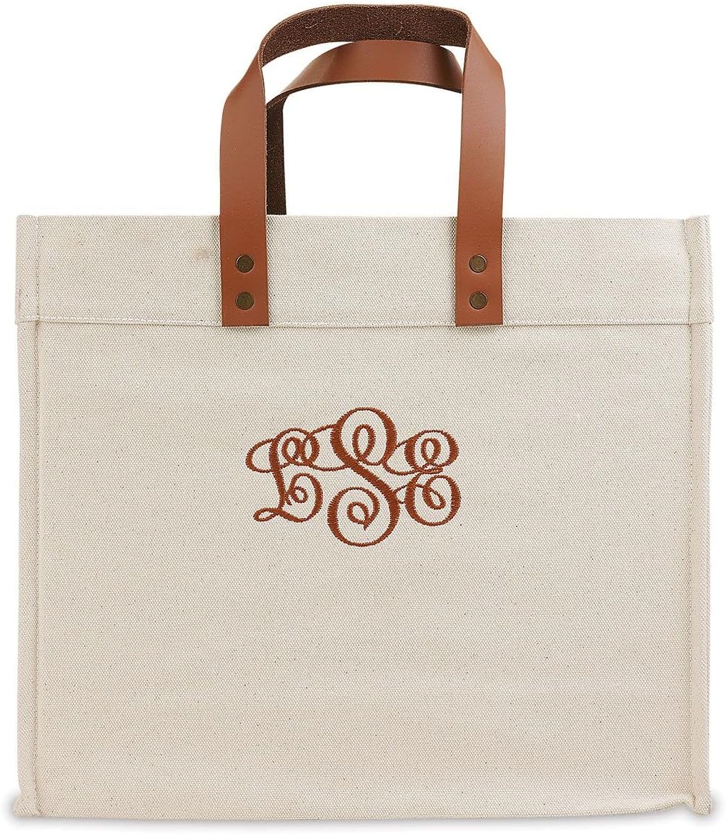 Lillian Vernon Personalized Monogrammed Signature Foldover Canvas Tote - Genuine Leather Handles, Holds up to 20 Oz