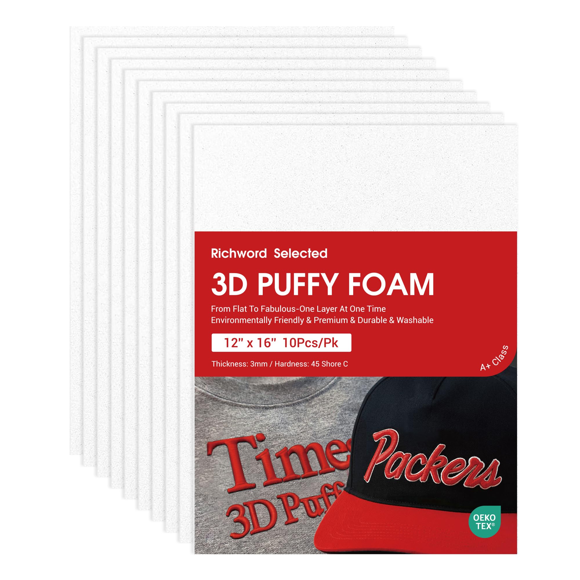 Richword Selected 10PCS White 3D Embroidery Puffy Foam 12"x16" 3MM - for Caps, Jackets, Garments and More