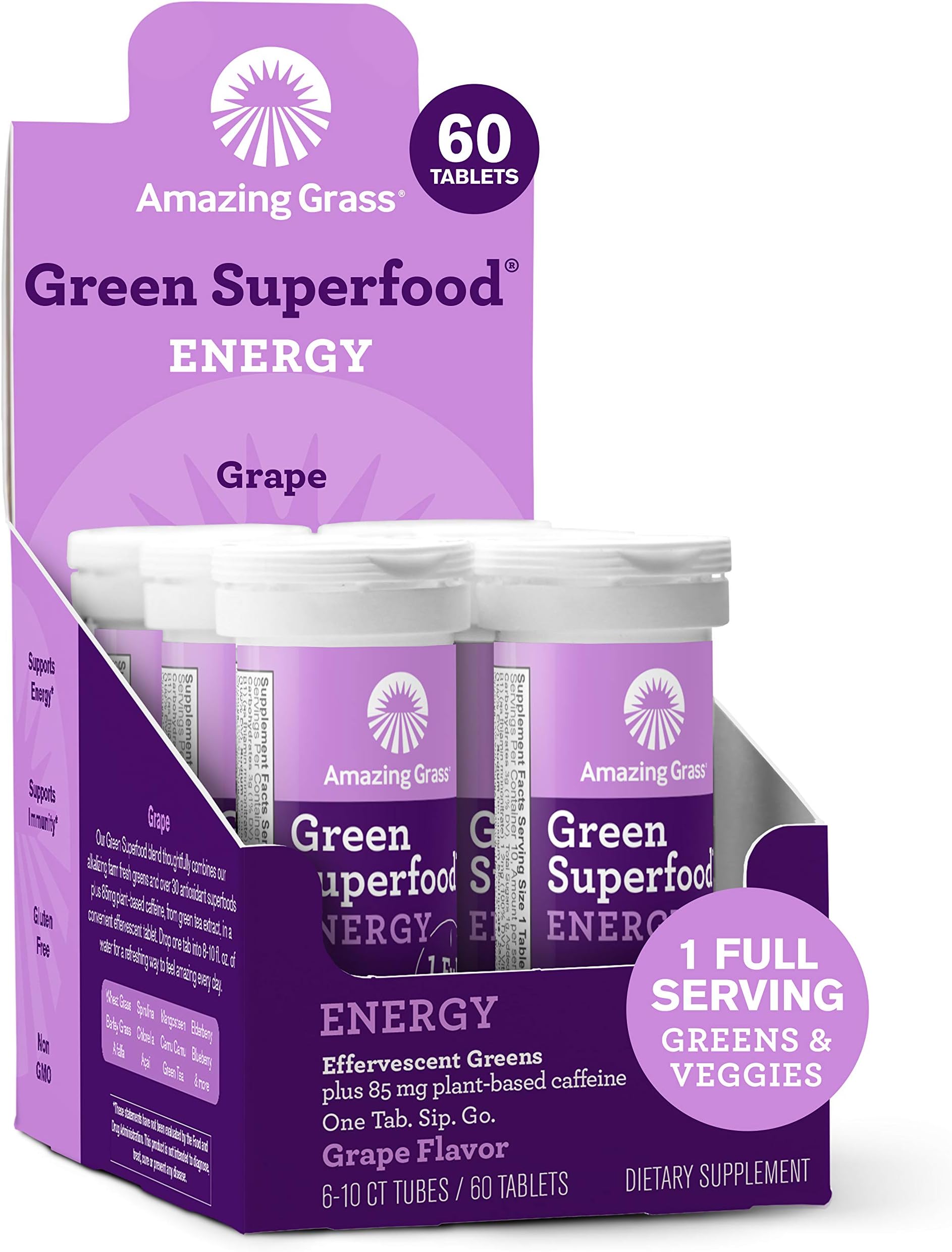 Amazing GrassEffervescent Energy Tablets: Greens + Green Tea Caffeine, Water Flavoring Tablet with Antioxidants, Nootropics Support, Grape, 10 Count, Box Of 6