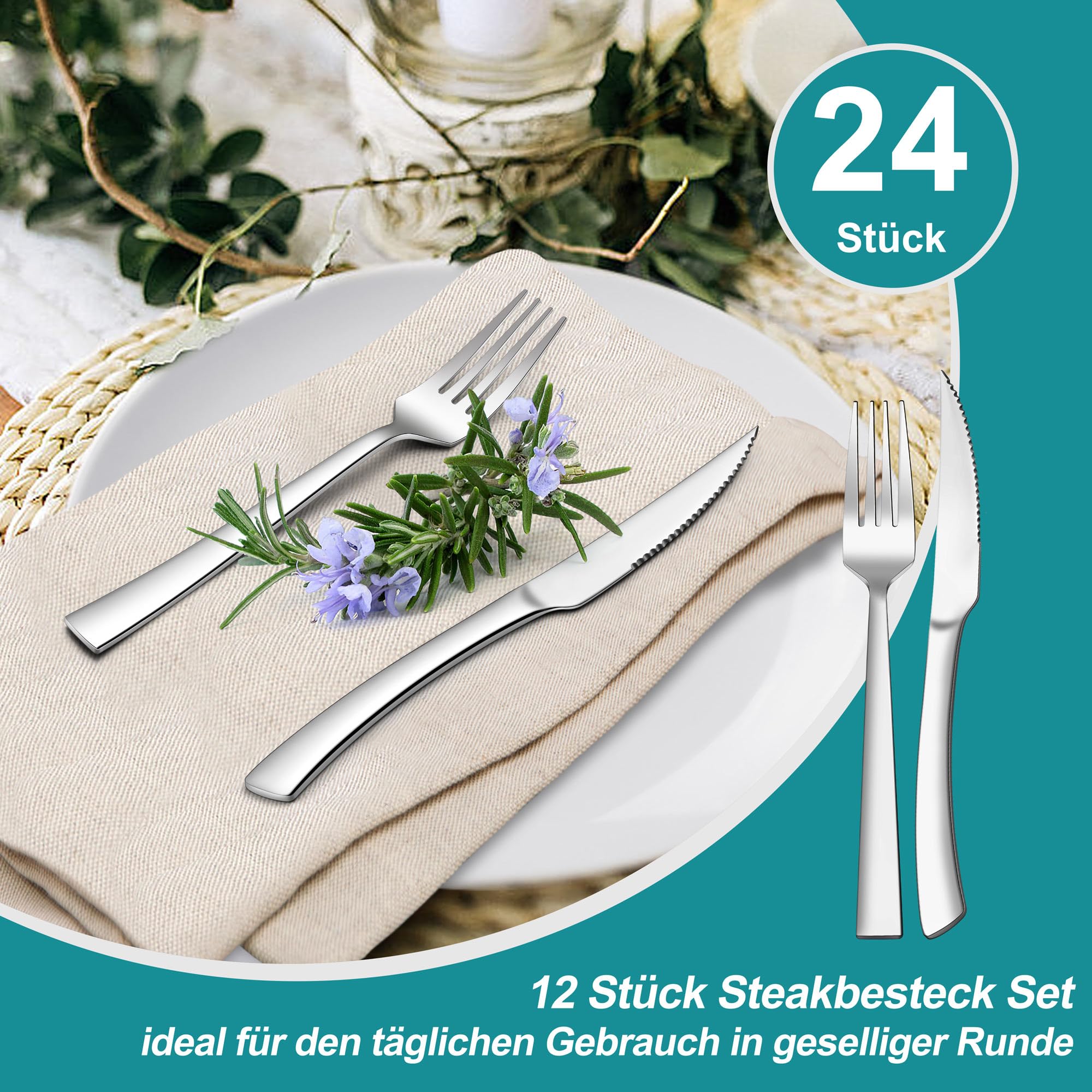 Homikit Lot de 24 couverts à steak en acier inoxydable - Couteaux et fourchettes à steak - Couverts pour 12 personnes - Couteaux de table argentés
