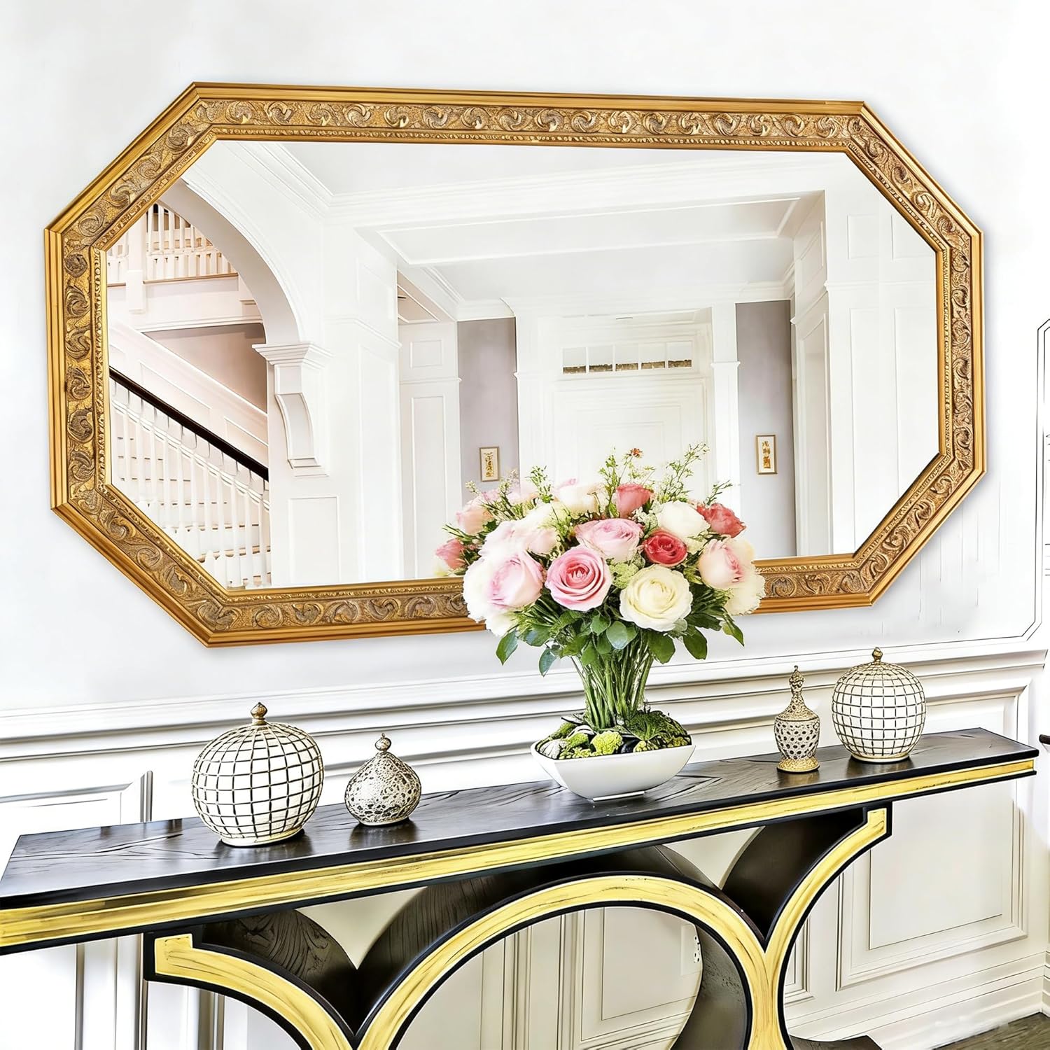 Chende 53" L x 29" W Large Wall Mirror for Living Room, Vintage Long Gold Decor Mirror with Carved Wood Frame, Unique, Elegant, Octagon, Bathroom, Bedroom, Hallway, Fireplace Wall Decoration
