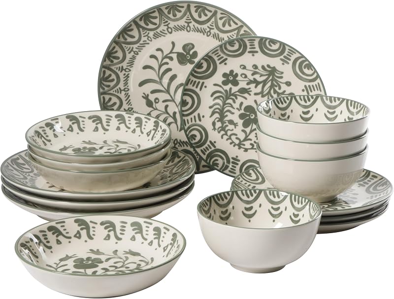 2-Time Oprah’s Favorite Things - Valencia Flor 16 Piece Dinnerware Set, Artisanal Decorated Stoneware Plates & Bowls, Service for 4, Microwave & Dishwasher Safe, Fern Green