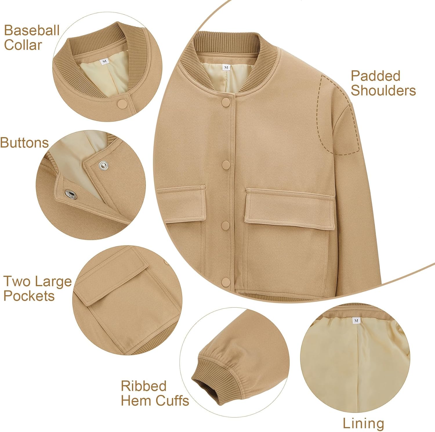 Zando Bomber Jacket Women 2026 - Short Cropped Jacket Women Button Down Long Sleeve Casual Varsity Jackets with Pockets