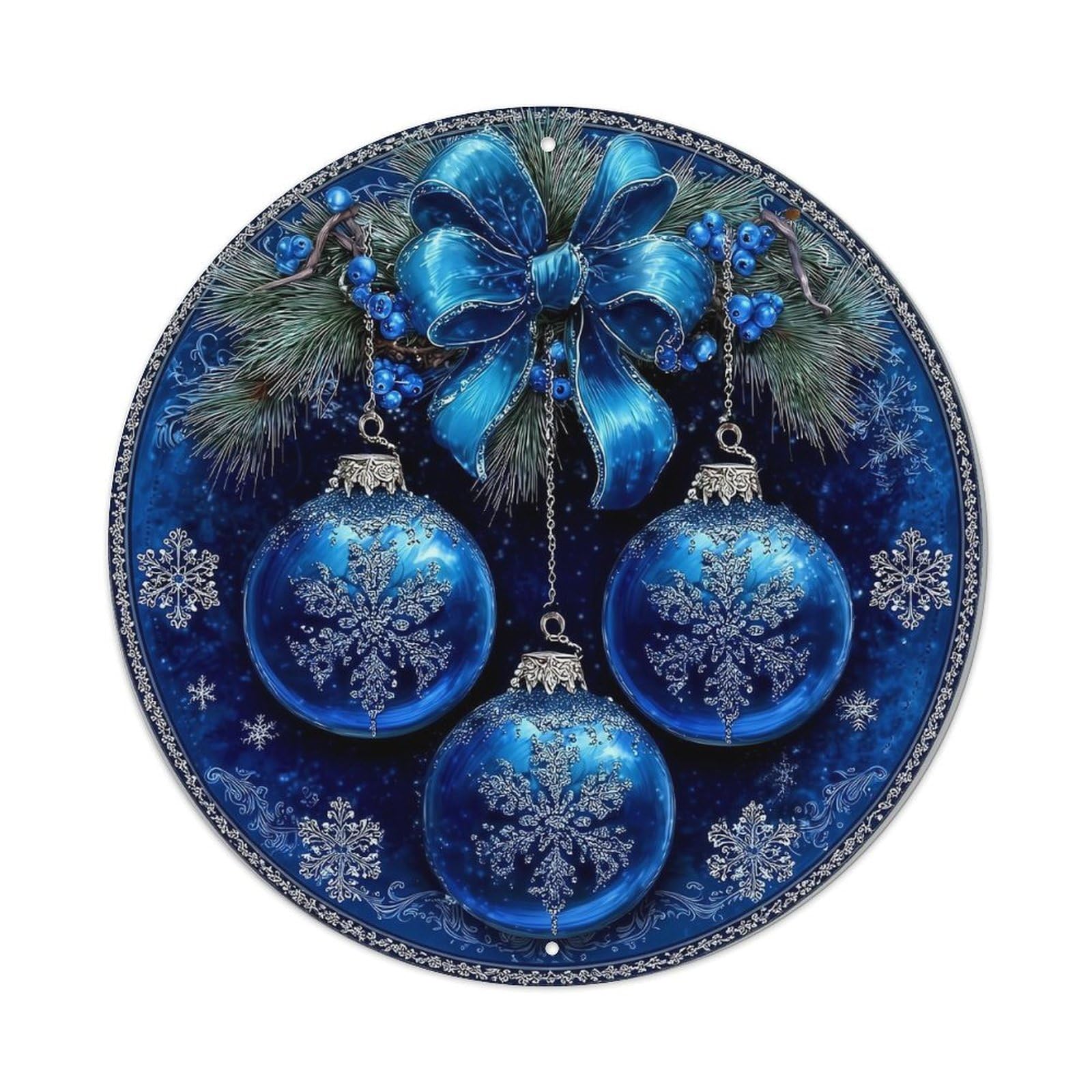 Blue Snowflake Ornaments Bow Pine Round Tin Sign Retro Metal Sign for Cafe Bar Pub Home Game Room Gym Club Wall Decoration Vintage Metal Poster 8x8 Inch