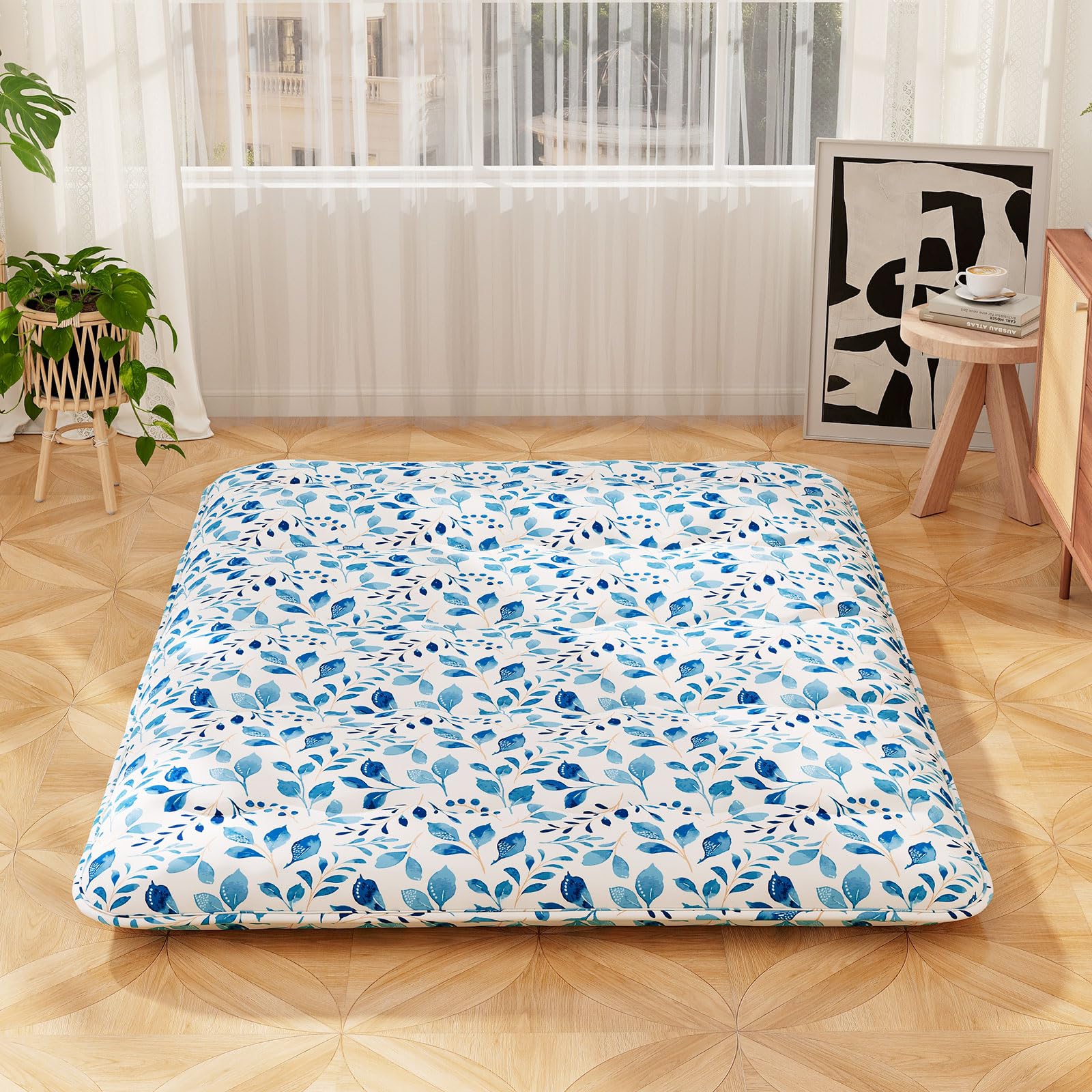 COSTWAY Japanese Floor Mattress, 10cm Thick Futon Mattress Tatami Mat Sleeping Pad with Carry Bag & Washable Cover, Foldable Roll Up Bed Mat for Lounger Dorm Camping (Blue Leaves, Double)