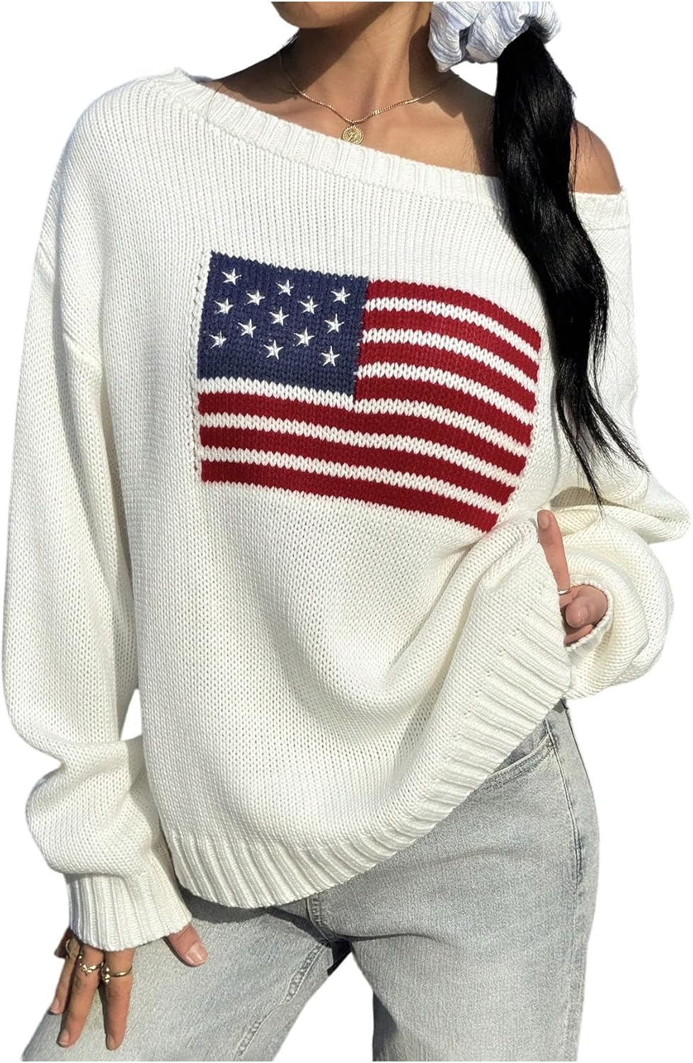 SweatyRocks Women's Oversized Off The Shoulder Sweater Flag Pattern Pullover Crewneck Sweaters Fall Winter Trendy - Image 3