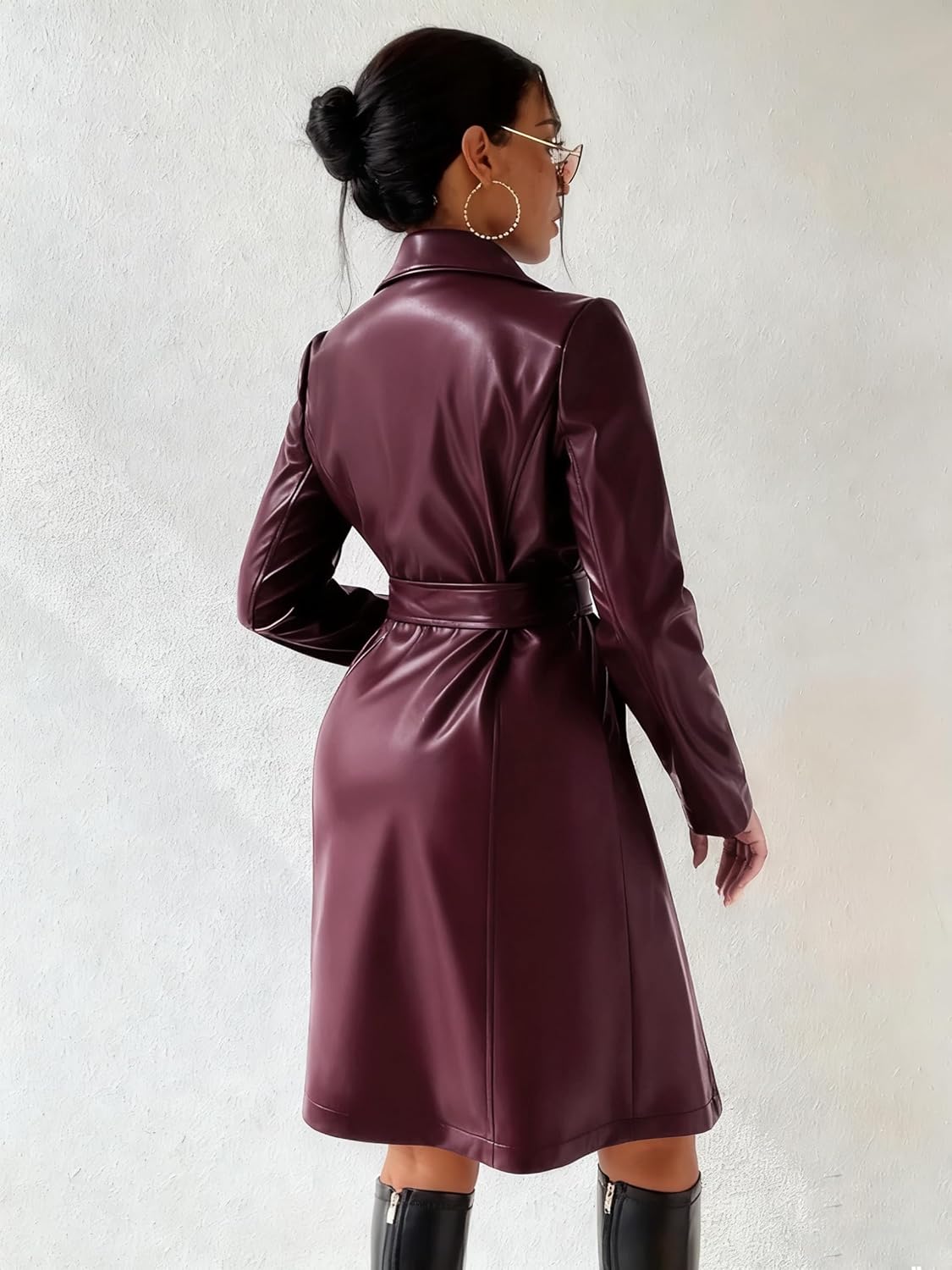 utcoco Womens Long Leather Jacket Classic Lapel Open Front Leather Trench Coat with Belt - Image 4