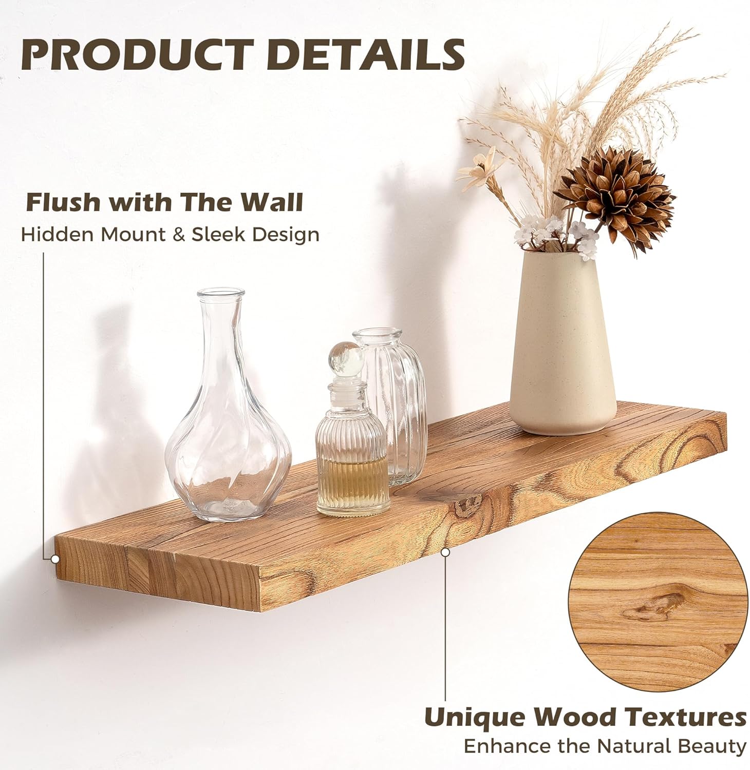 30 Inch Floating Shelves for Wall, 8"D High End Solid Hardwood Shelves for Decor Storage, Rustic Wall Shelves with Invisible Heavy Duty Brackets for Living Room, Kitchen, Bathroom, Natural, 2 Pack