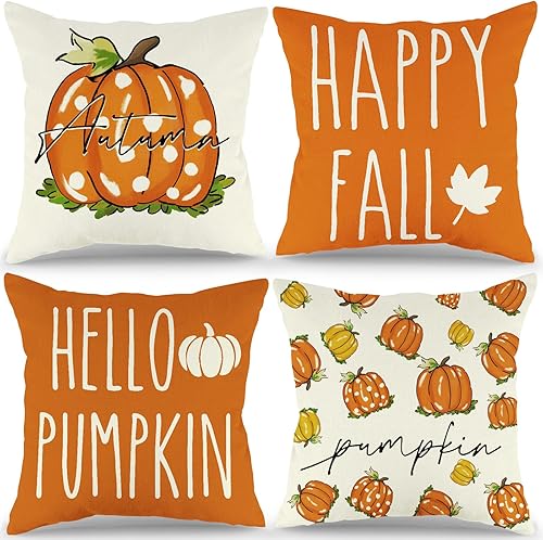 Fundas de almohada decorativas de otoño de 18 x 18 pulgadas, juego de 4 fundas de almohada de calabaza naranja para exteriores, fundas decorativas