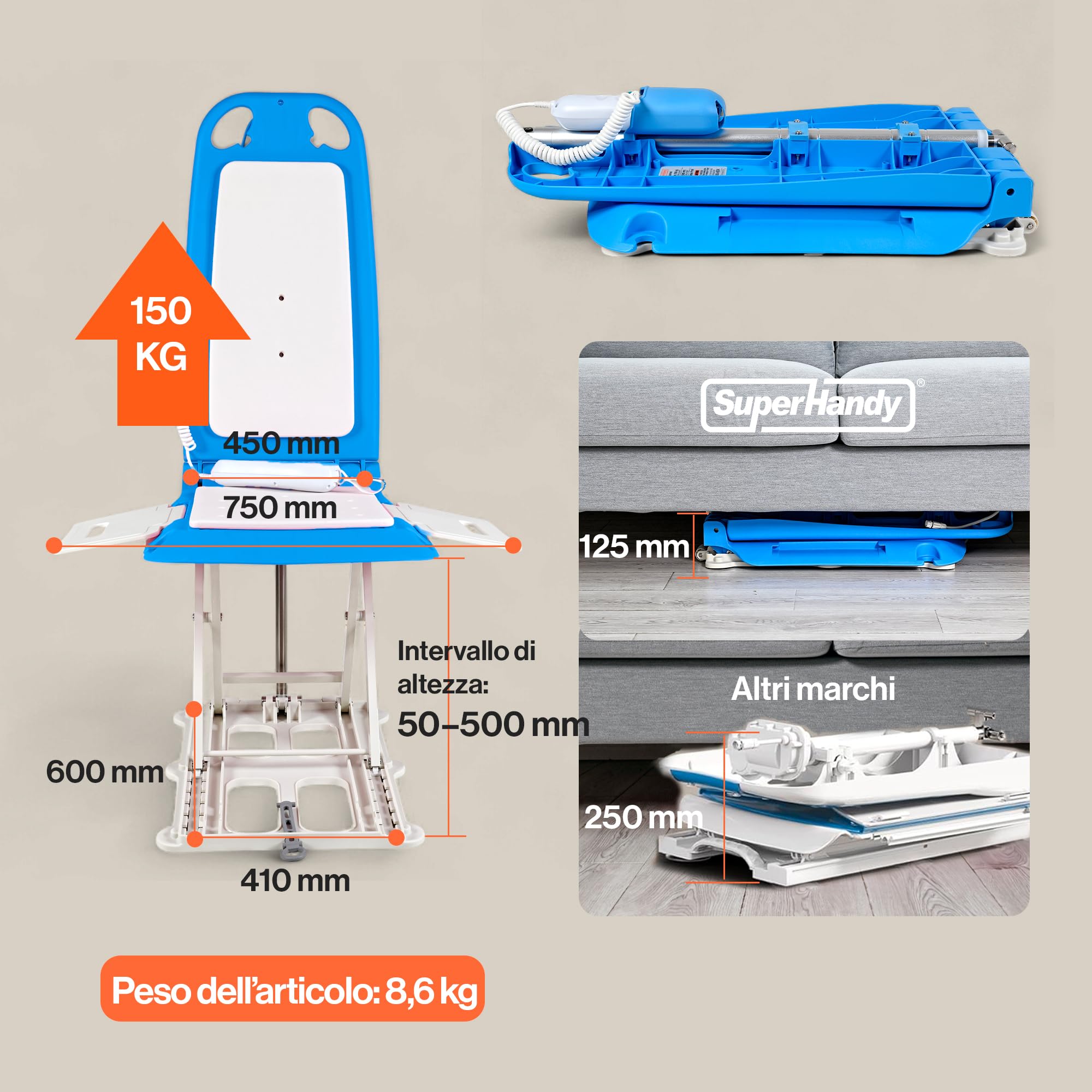 SuperHandy Sollevatore portatile da pavimento e vasca – Peso leggero 8,6 kg, Pieghevole, Capacità di carico 150 kg, Sollevatore impermeabile IP68 per anziani, Sedile ergonomico con pannelli rimovibili