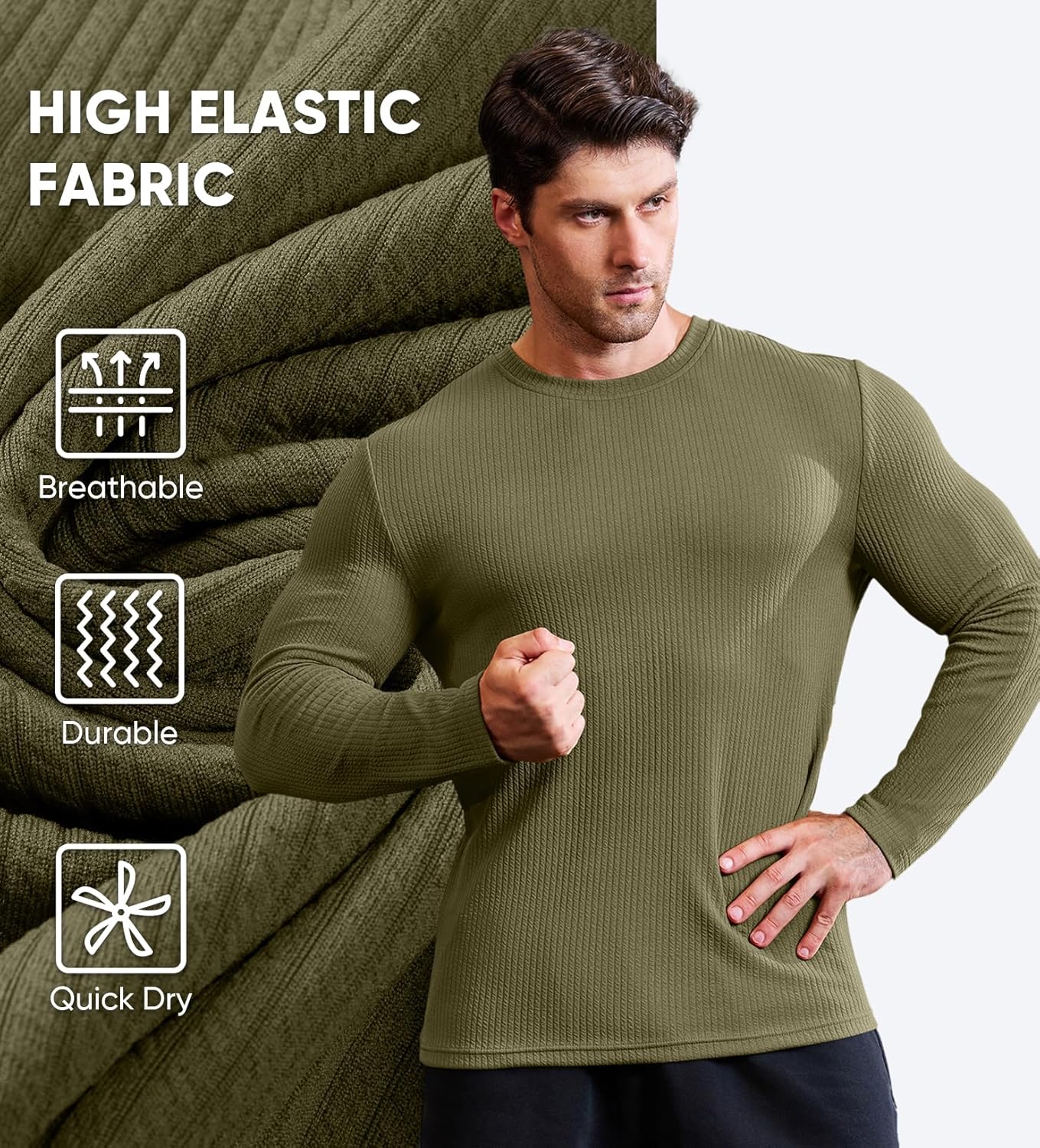 JMIERR Mens Long Sleeve Muscle T Shirts Casual Crewneck Knitted Longline Textured Tee Shirts for Gym Workout - Image 4