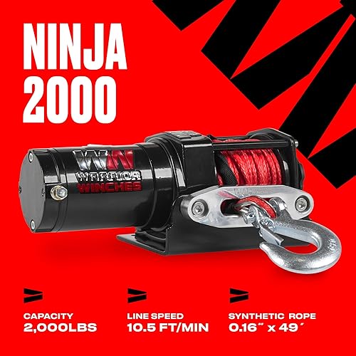 Miniatura 2 de Warrior Winches Ninja 2000 libras  Cabrestante eléctrico de 12 V ATVUTV con cuerda sintética, compacto y potente cabrestante ATV de 12 voltios