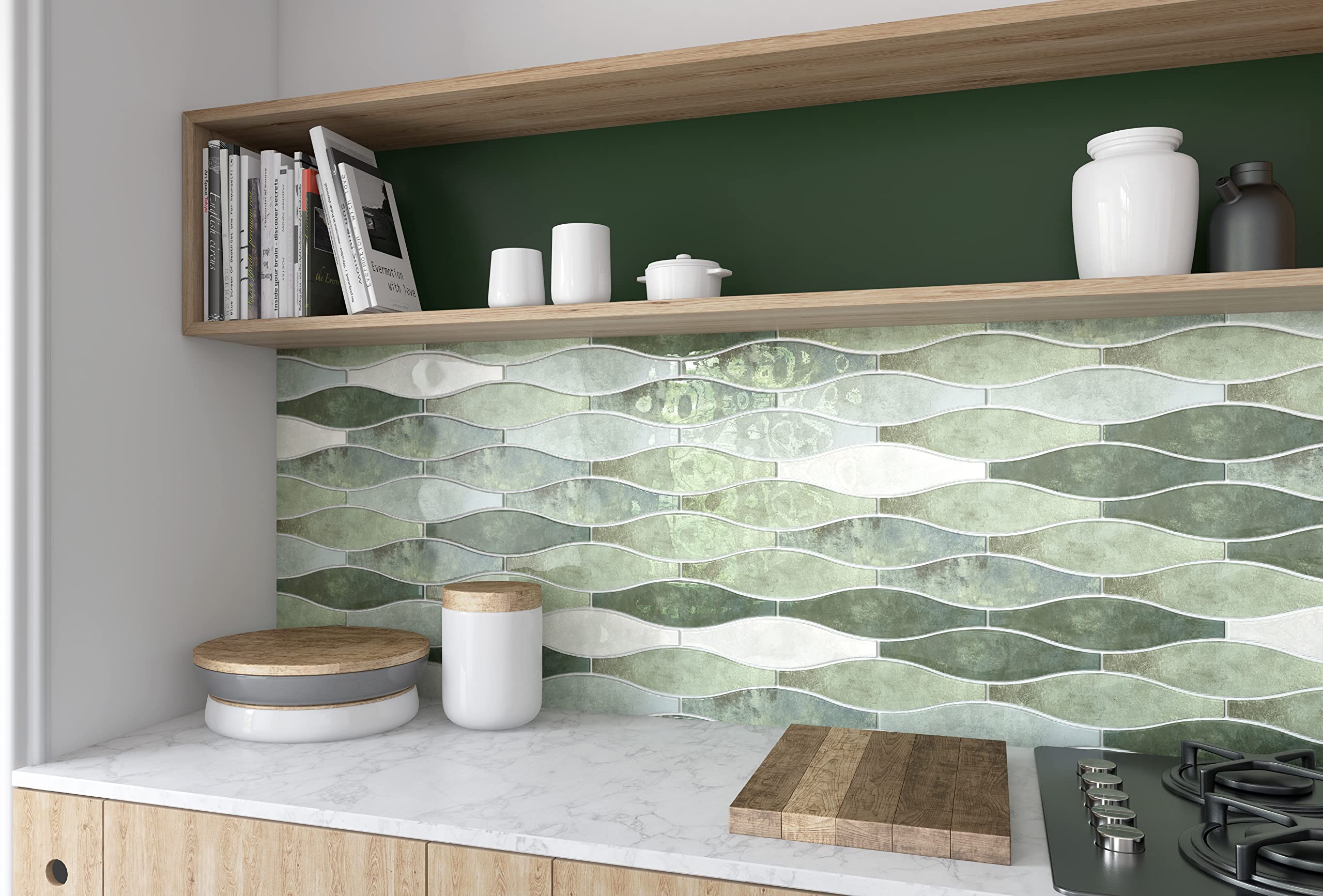 Atlas Ceramics Green Gloss Ceramic Wall Tile - Calm Moss Gloss Wave Tile 75Mm X 300Mm Single Box