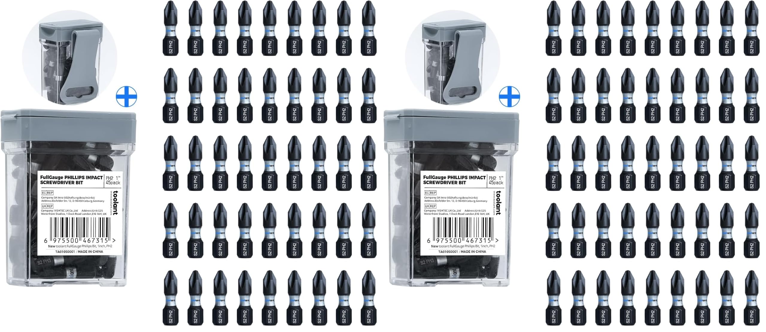 toolant PH2 Phillips Impact Bit Set, 1 Inch, 45-Piece, Magnetic (Pack of 2)