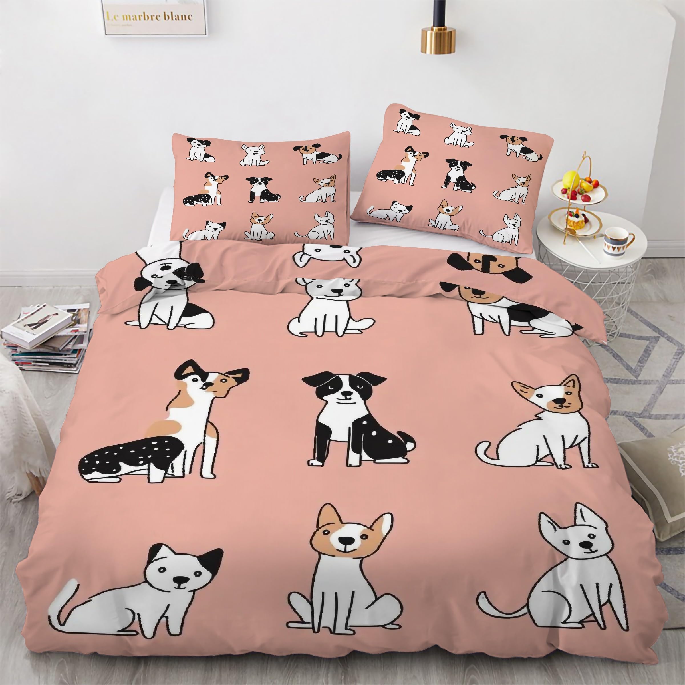 Housse de couette 220x240 chiot et parure de lit rose en microfibre douce avec taies