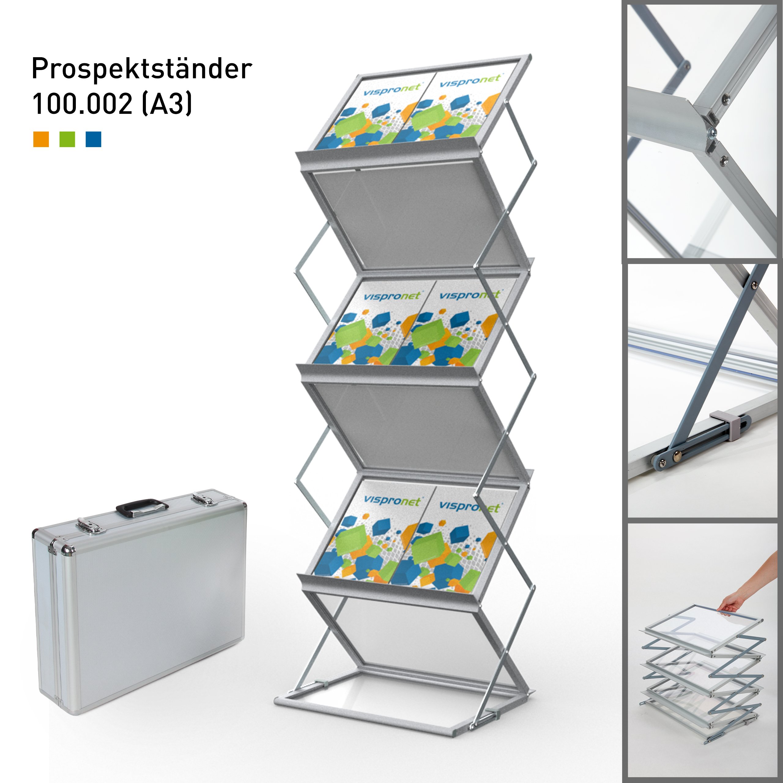 Vispronet Faltbarer Prospektständer DIN A3 Querformat, mit Transportkoffer, Alu, für A4 & A3, doppelseitig, Katalogständer, Prospekthalter