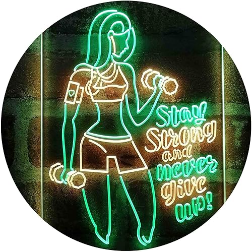 Miniatura 1 de Fitness Club Gym Stay Strong Never Give Up - Letrero de neón LED de doble color, verde y amarillo, 12 x 16 pulgadas st6s34-i4043-gy