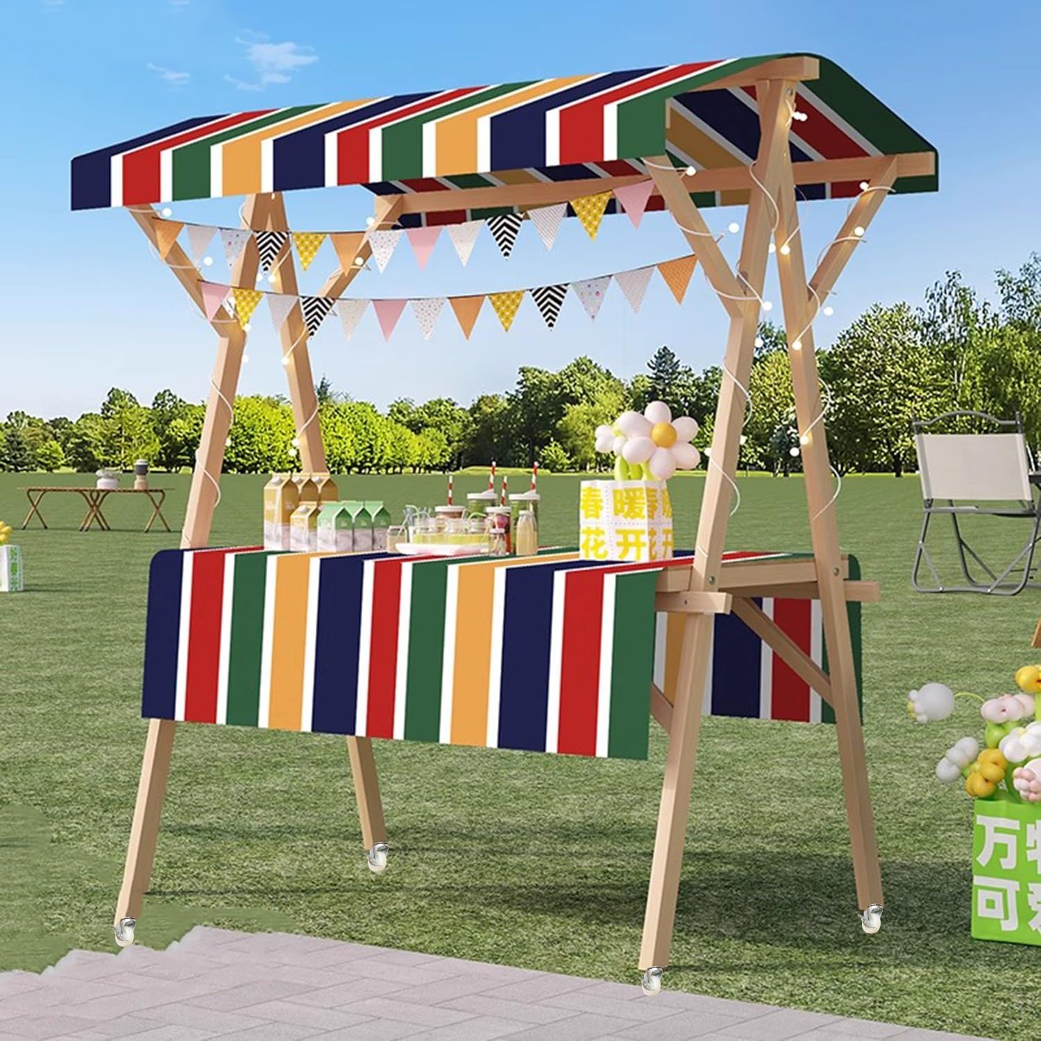 Heavy Duty Pieghevole Legno Venditore Carrello 500kg carico Sunshade LED Luce Chiudibile Rotelle di Mercato Portatile Stallo per Food Craft Fiori Vendita Facile Configurazione